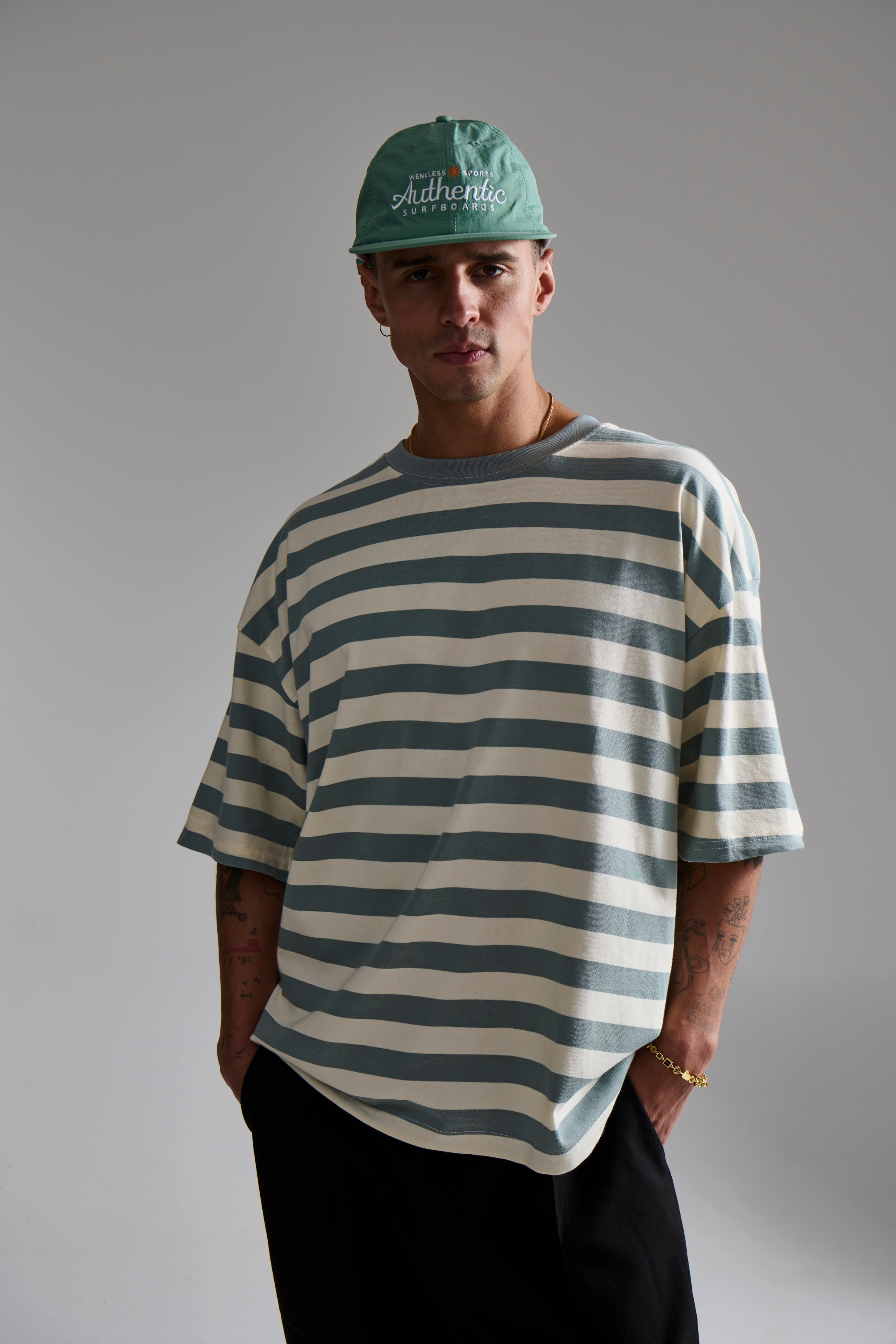 Midweight Signature Tee Sage Stripe