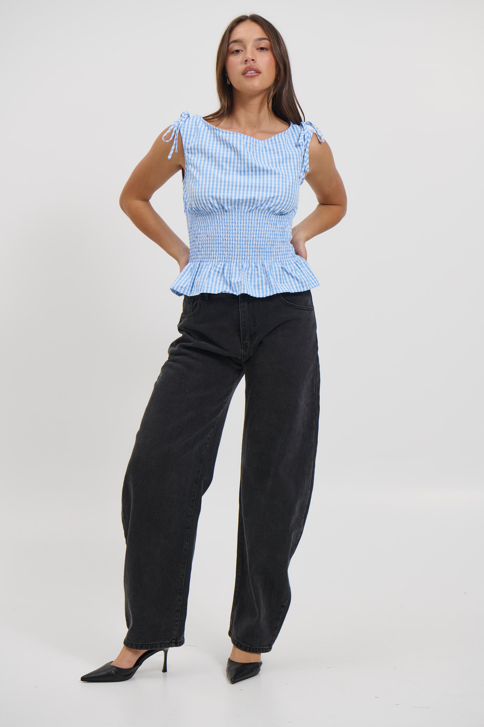 Harrison Gingham Top Sky