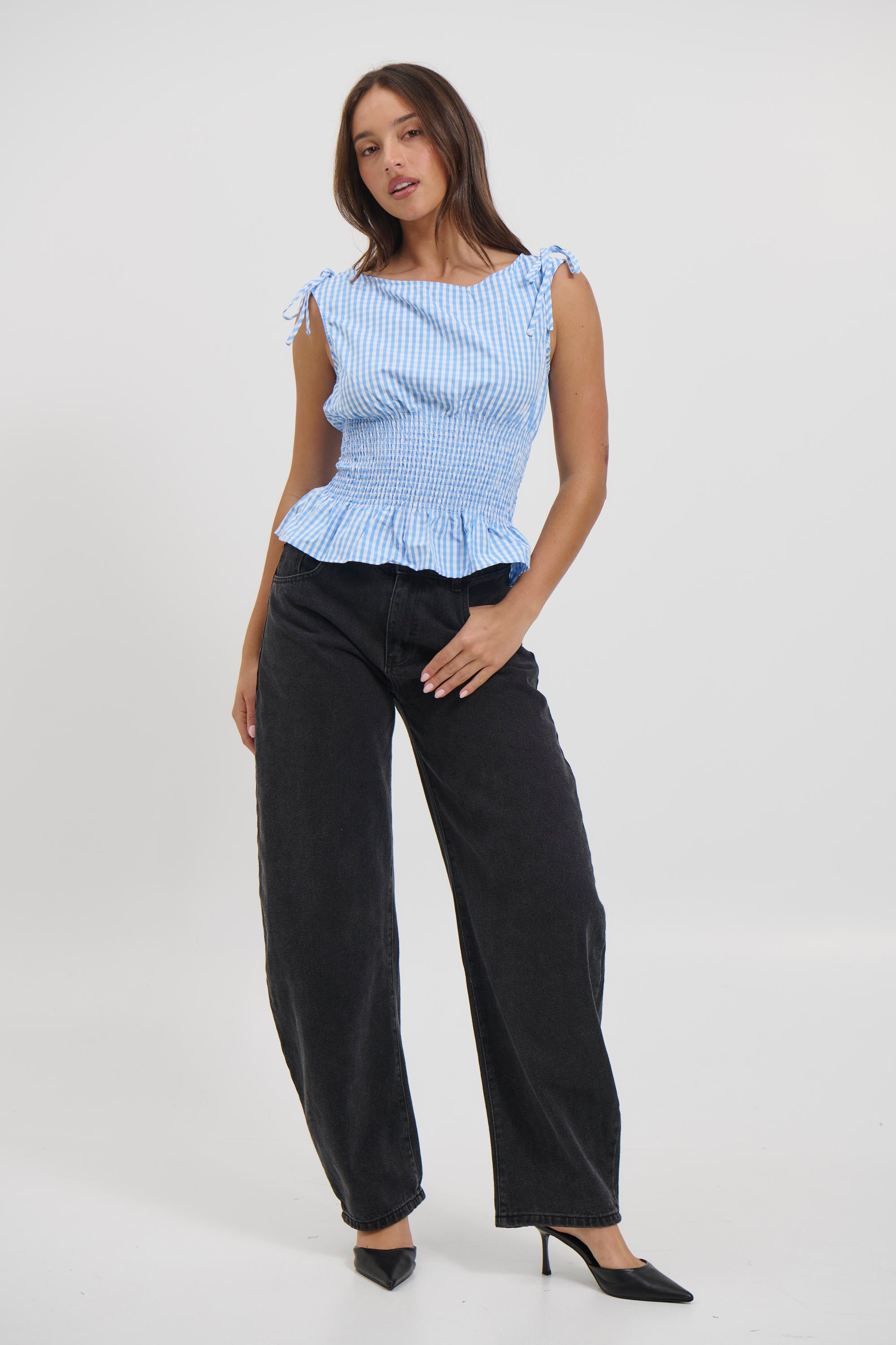 Harrison Gingham Top Sky