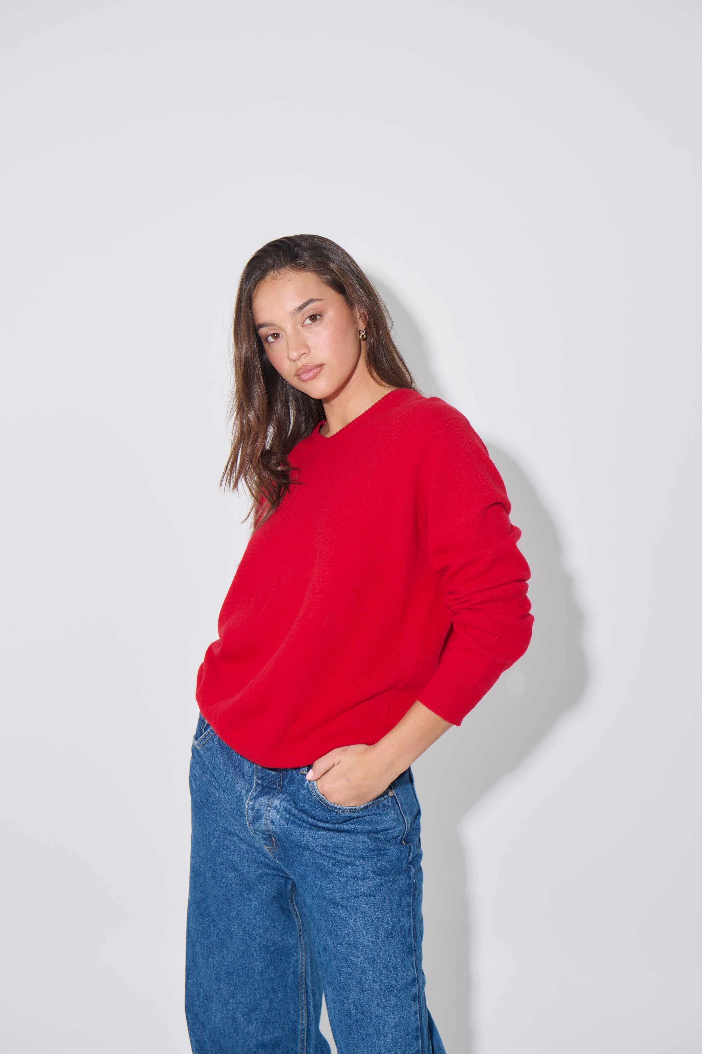 Billie V Neck Sweater Cherry Red
