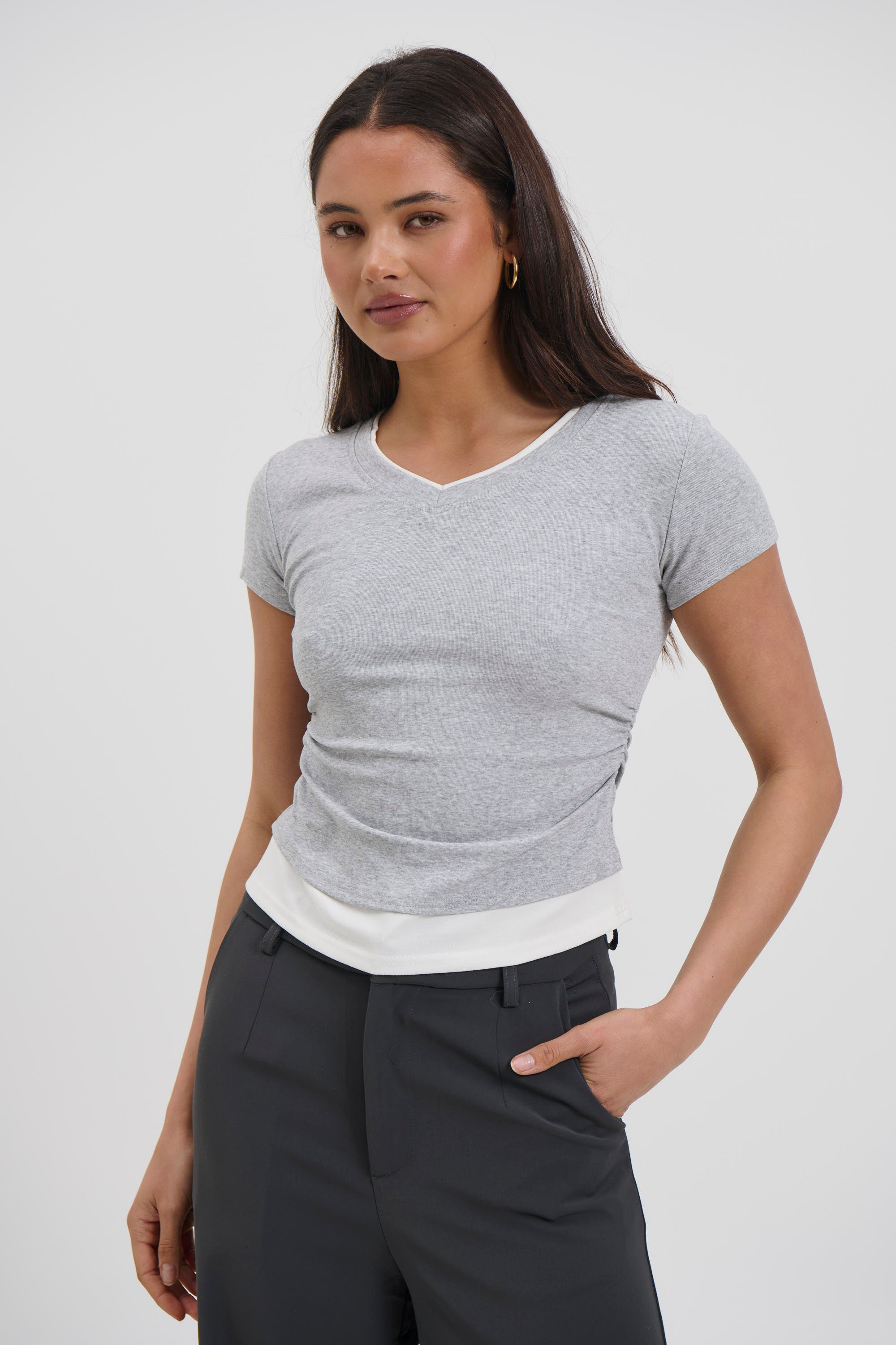 Arlie V Neck Layered Tee Grey