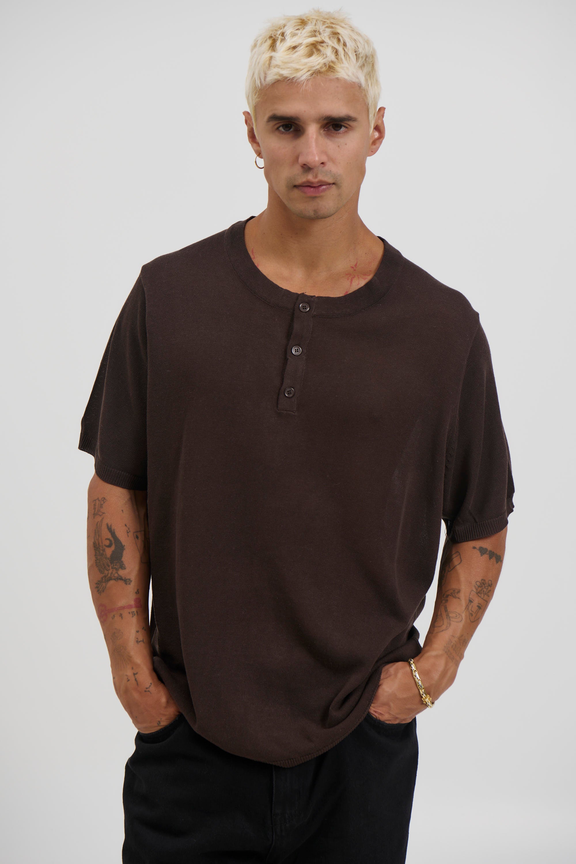 Knitted Henley Tee Chocolate