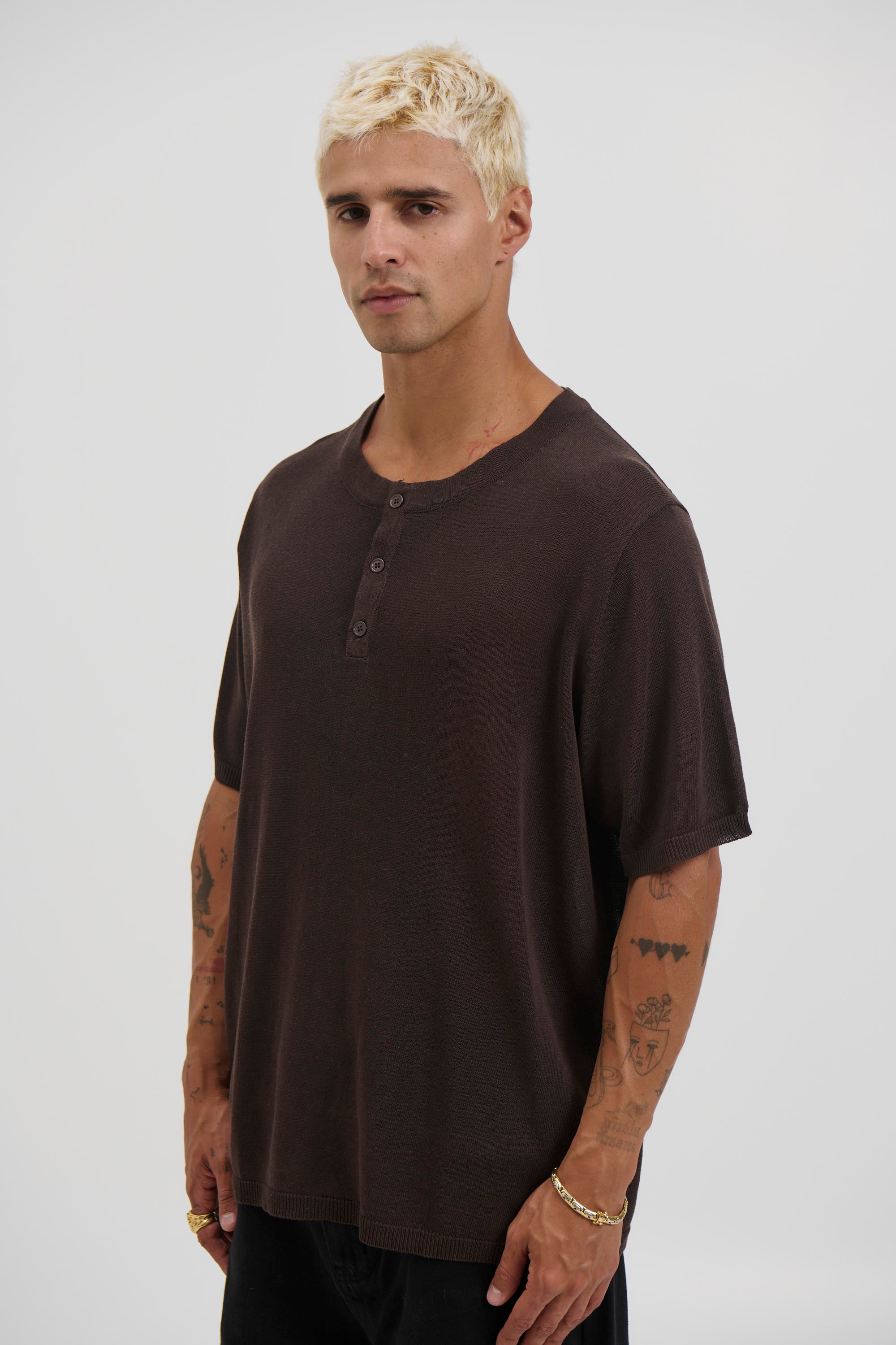 Knitted Henley Tee Chocolate