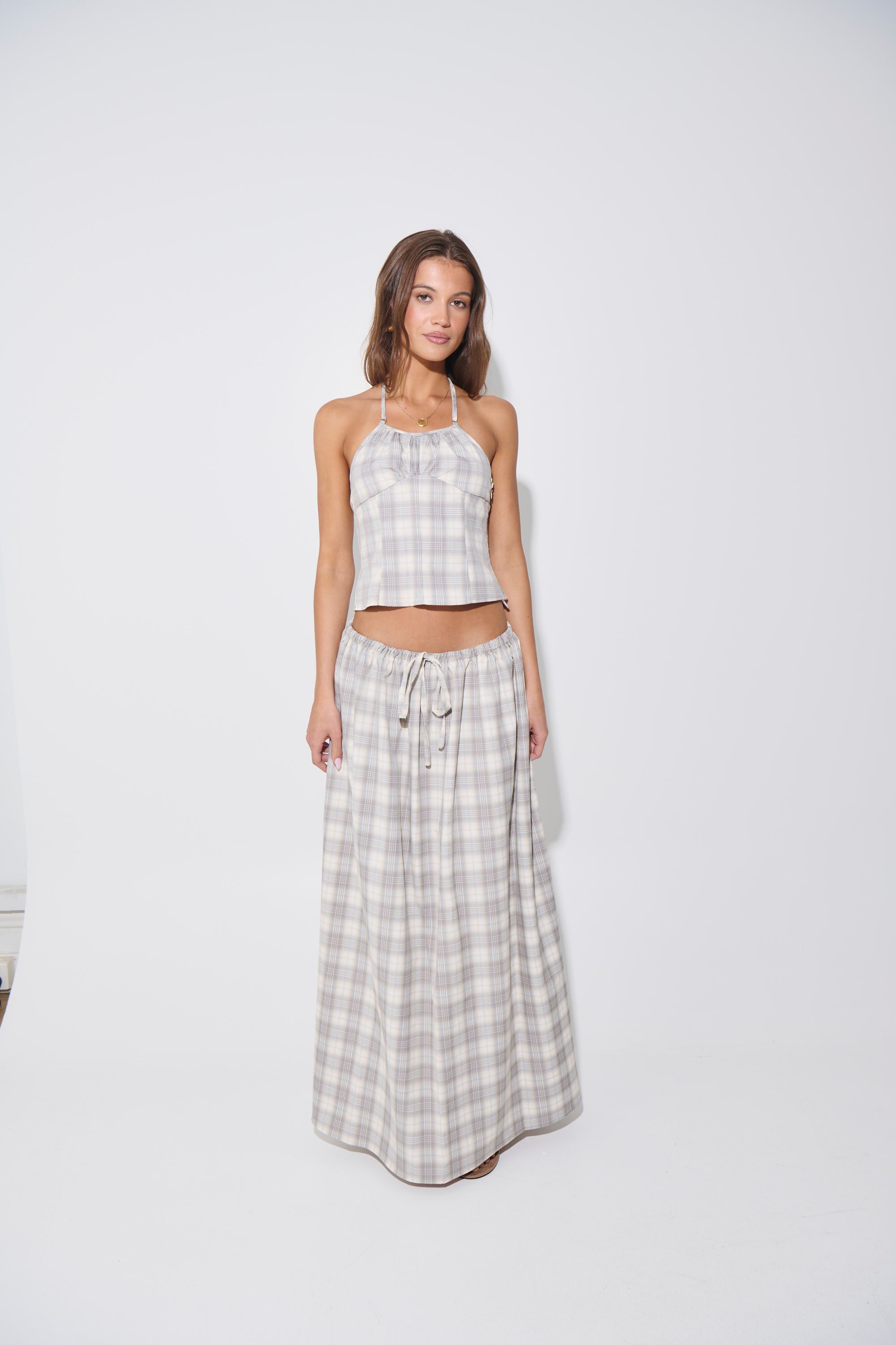 Sweet Escape Maxi Skirt Smoke Plaid