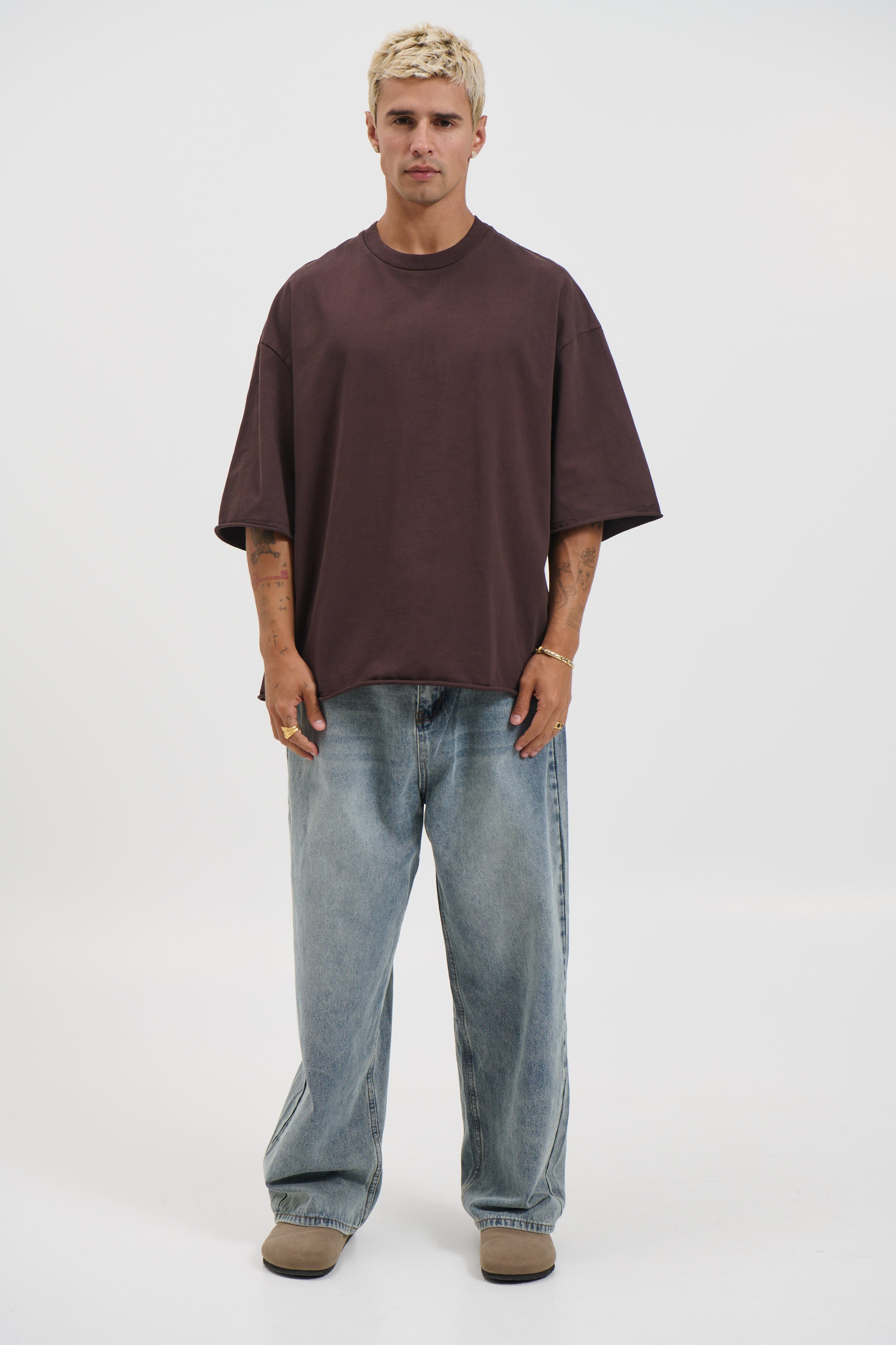 Raw Hem Crew Neck Tee Choc