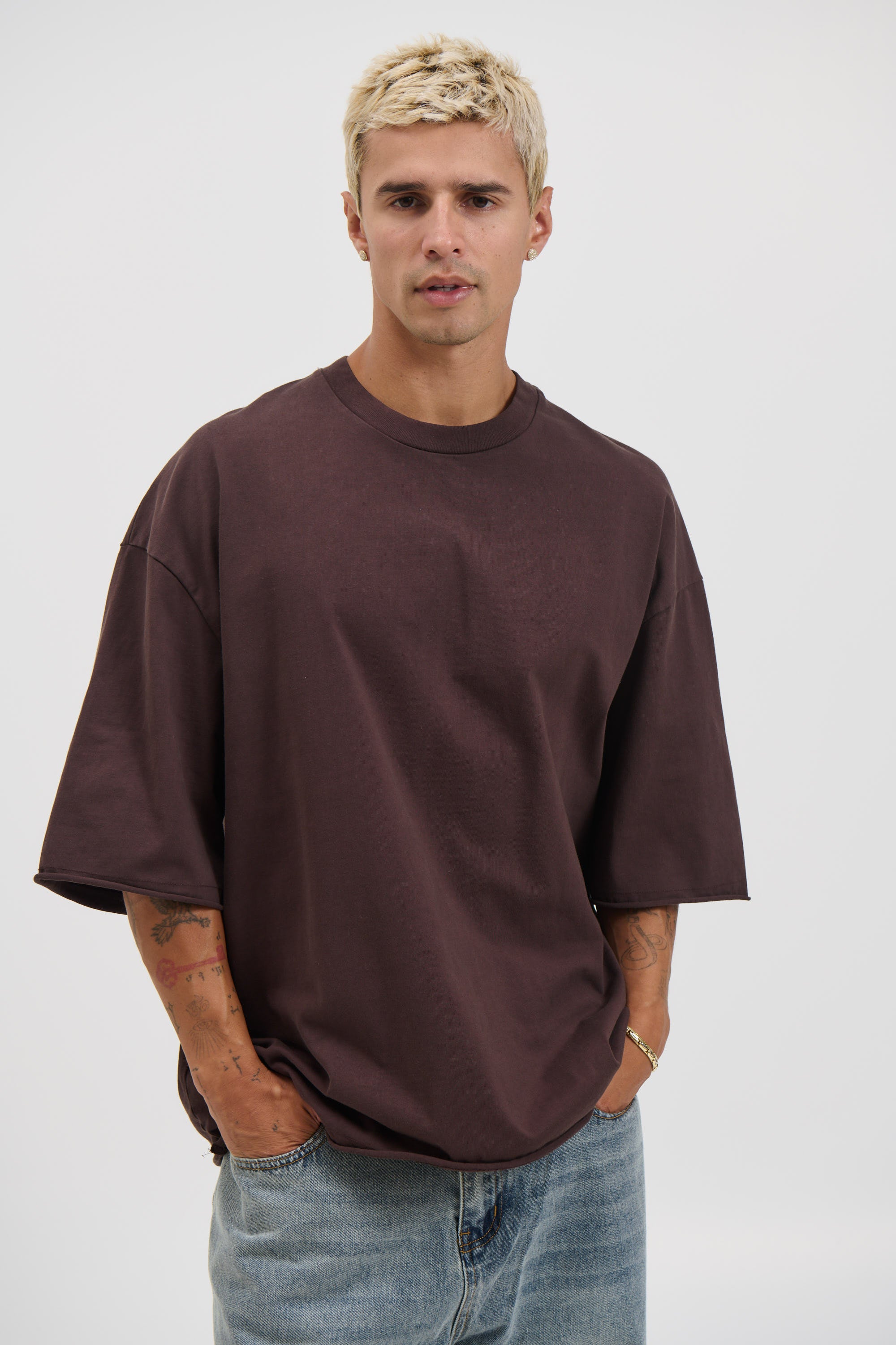 Raw Hem Crew Neck Tee Choc