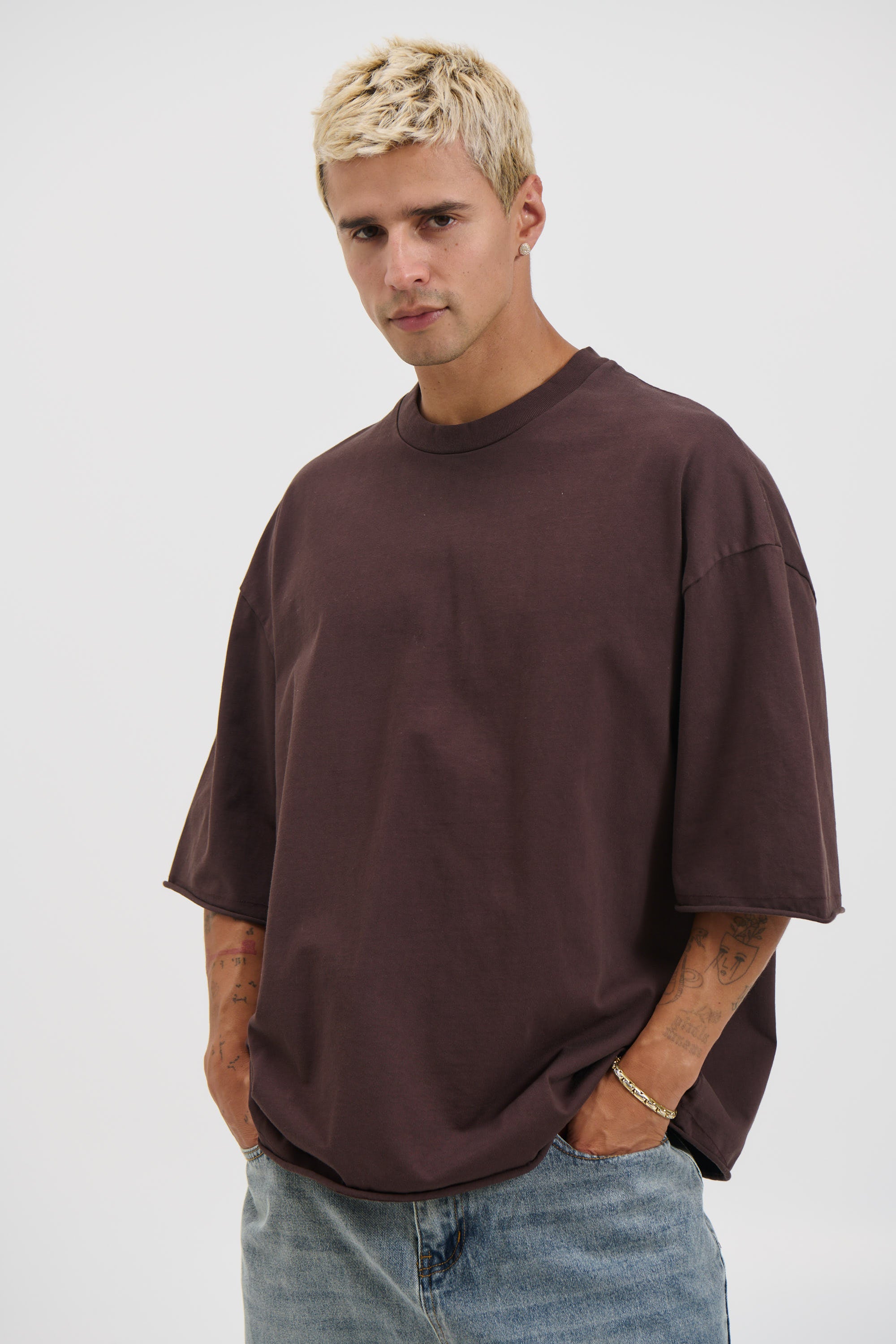 Raw Hem Crew Neck Tee Choc
