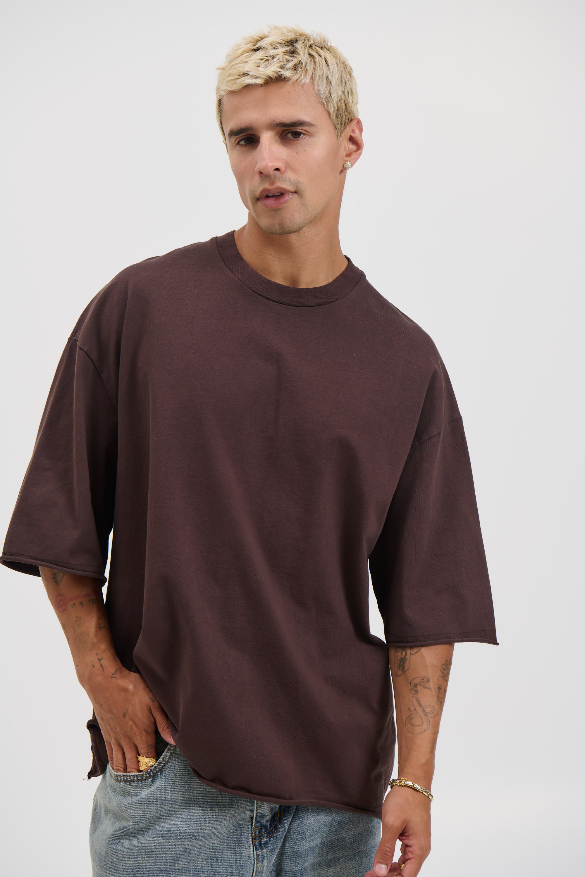 Raw Hem Crew Neck Tee Choc