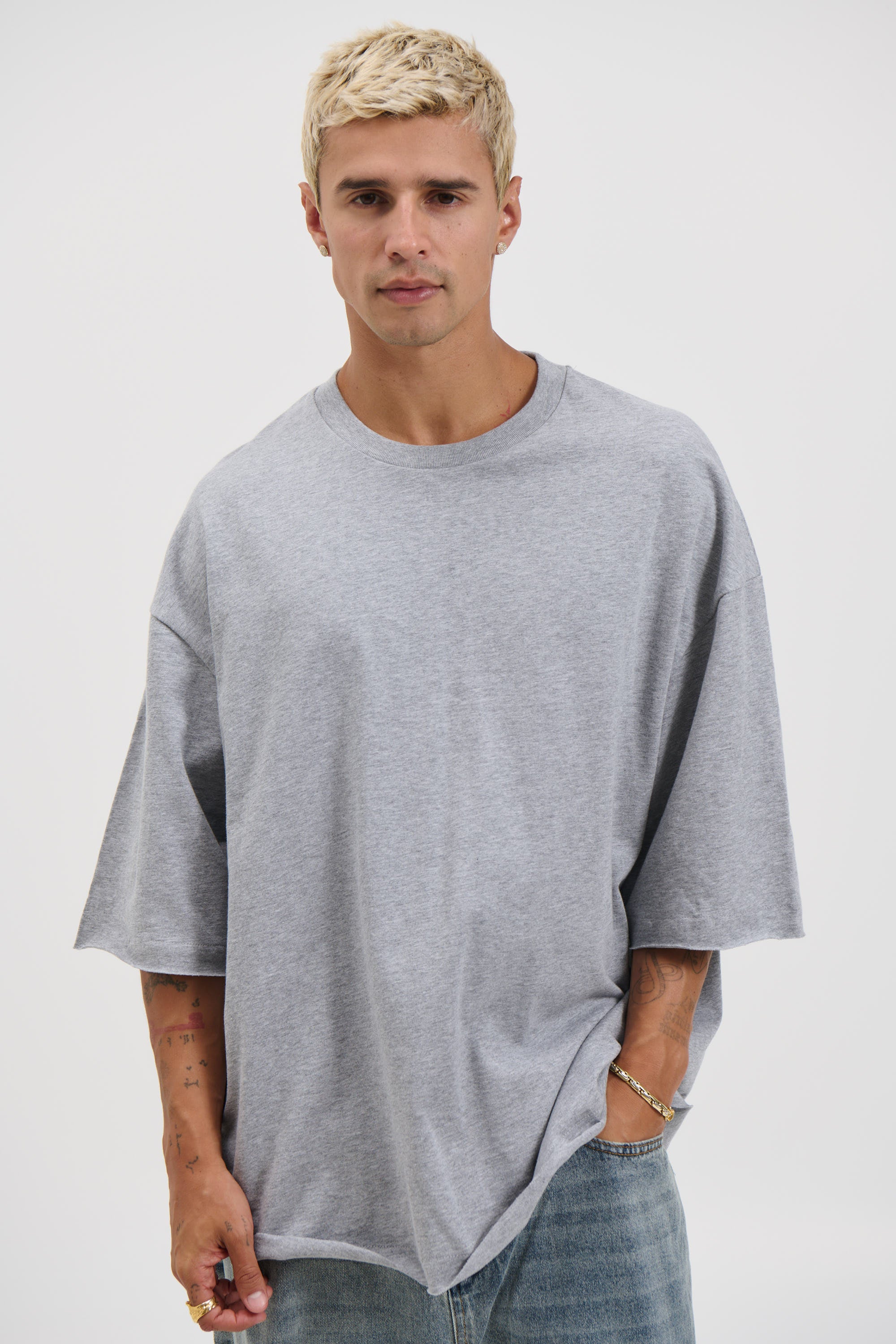 Raw Hem Crew Neck Tee Grey Marle