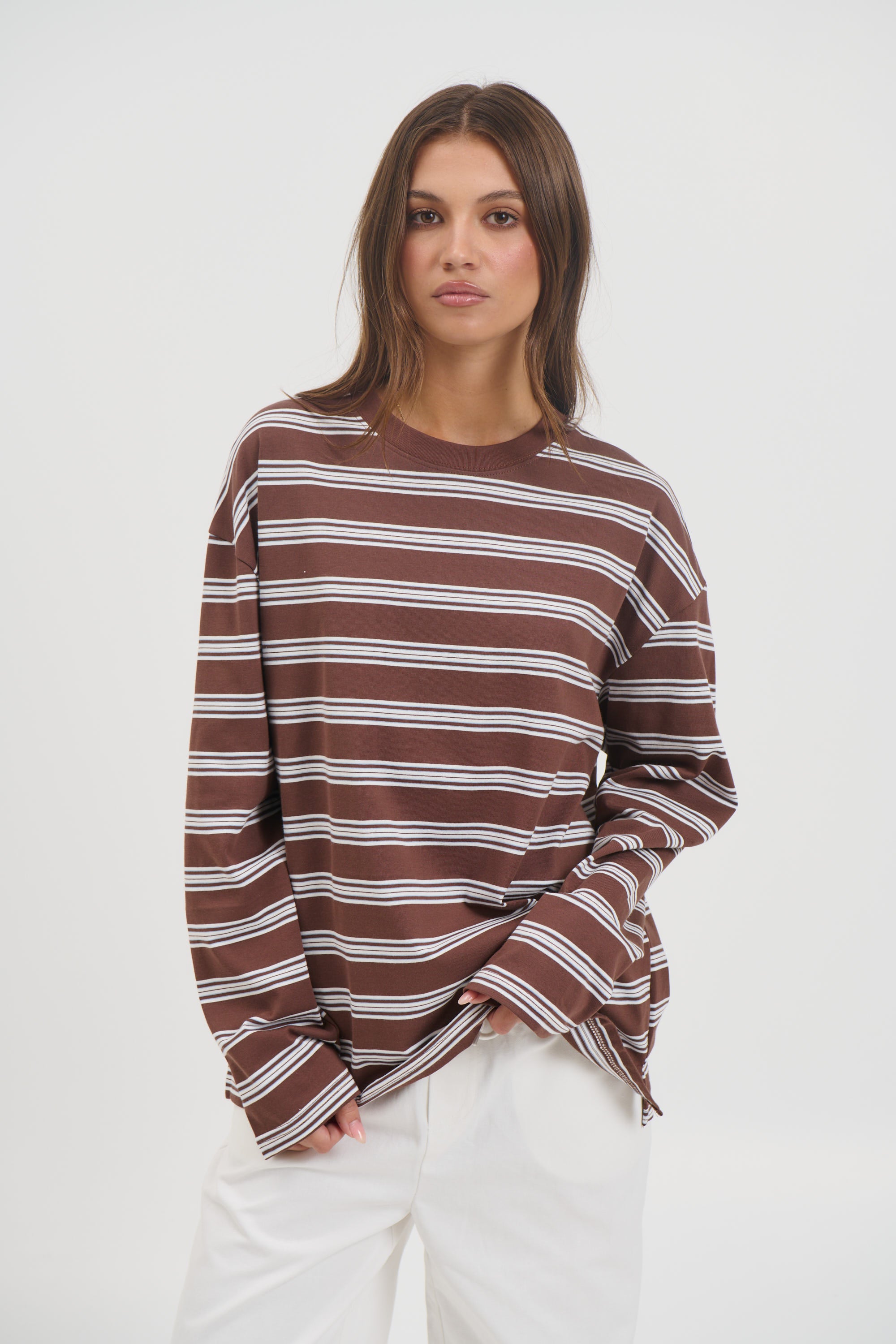 Jaida Long Sleeve Double Stripe Chocolate