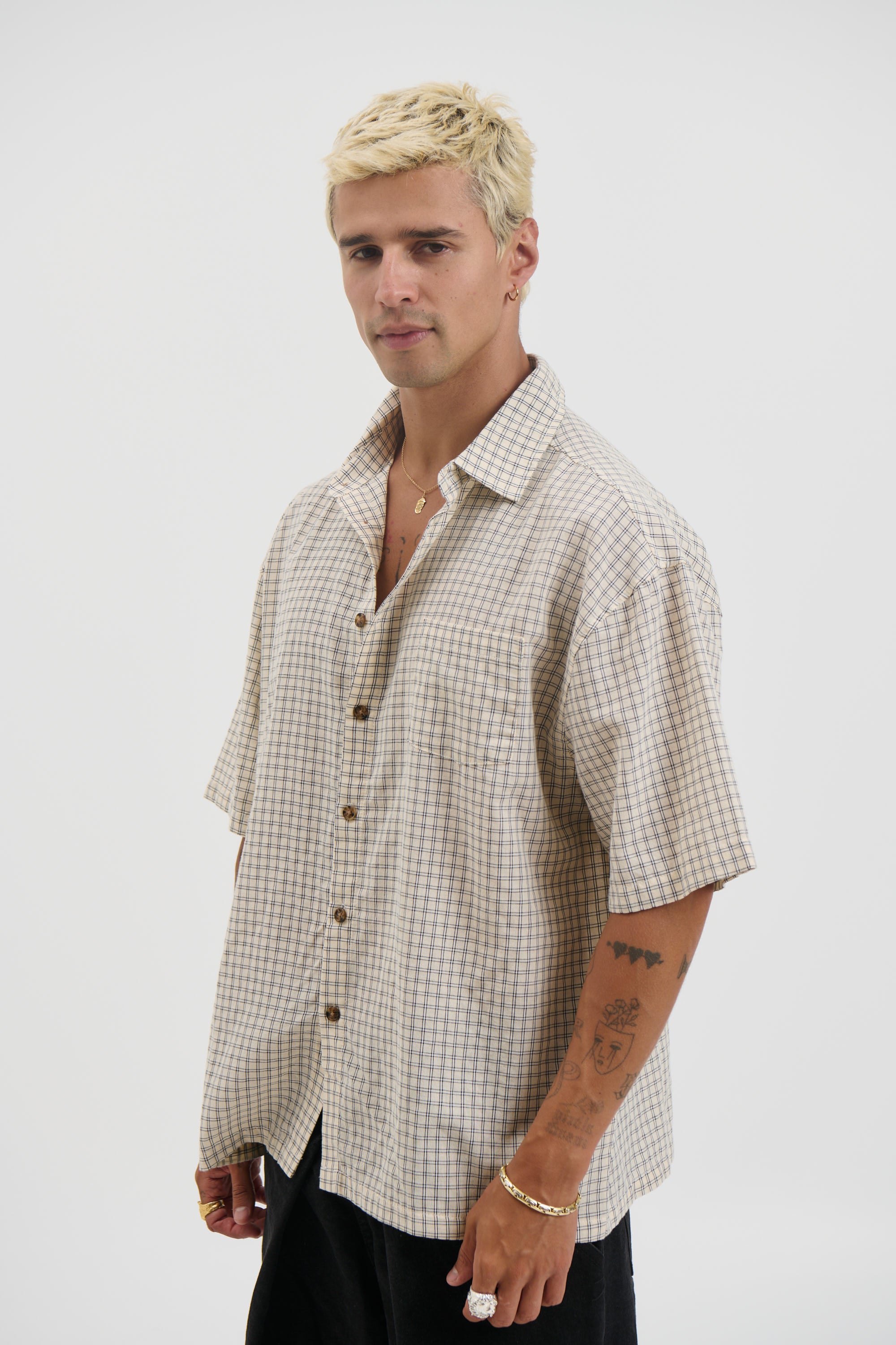 Nathaniel Drop Shirt Check Ivory