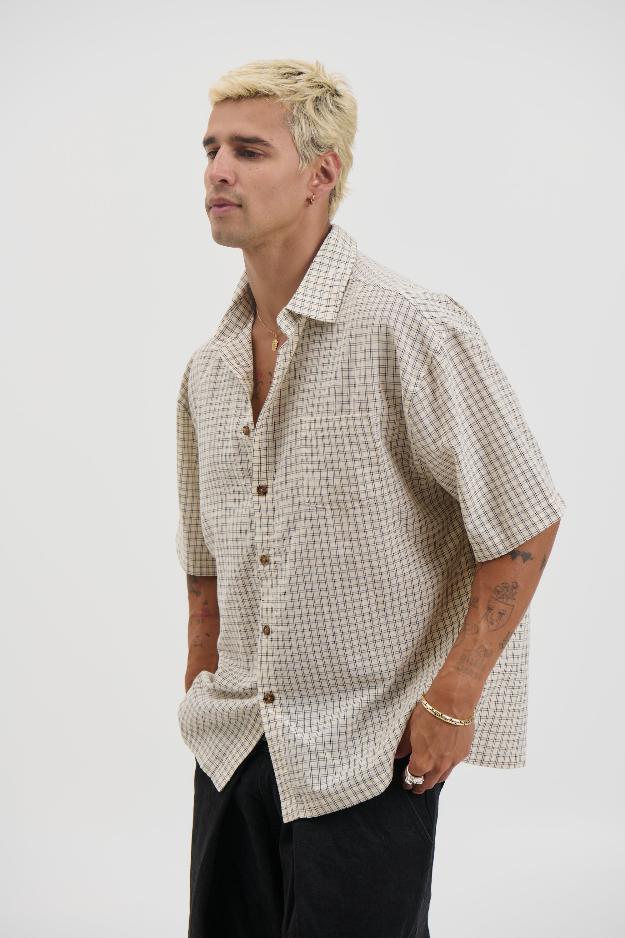 Nathaniel Drop Shirt Check Ivory