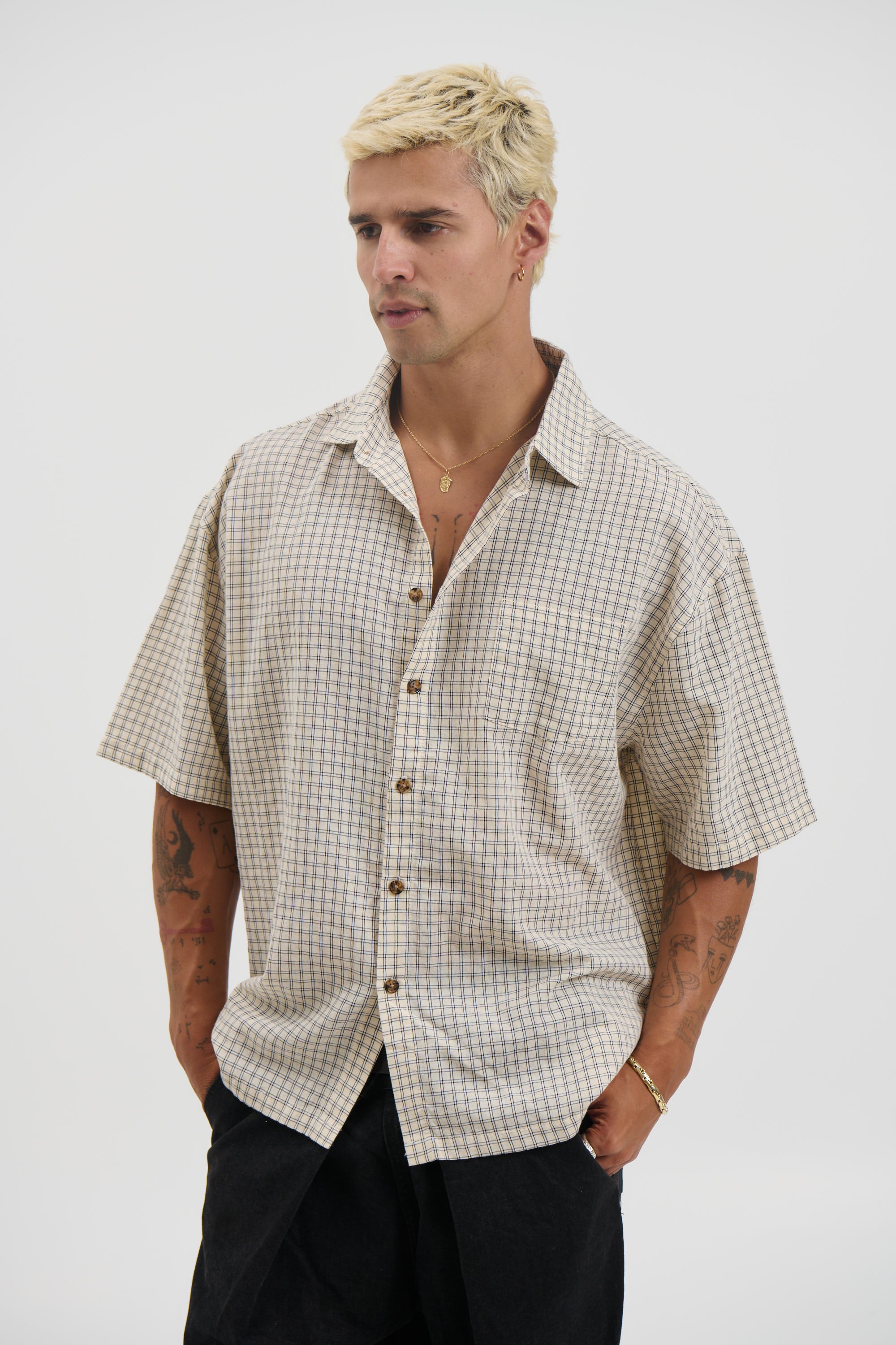 Nathaniel Drop Shirt Check Ivory
