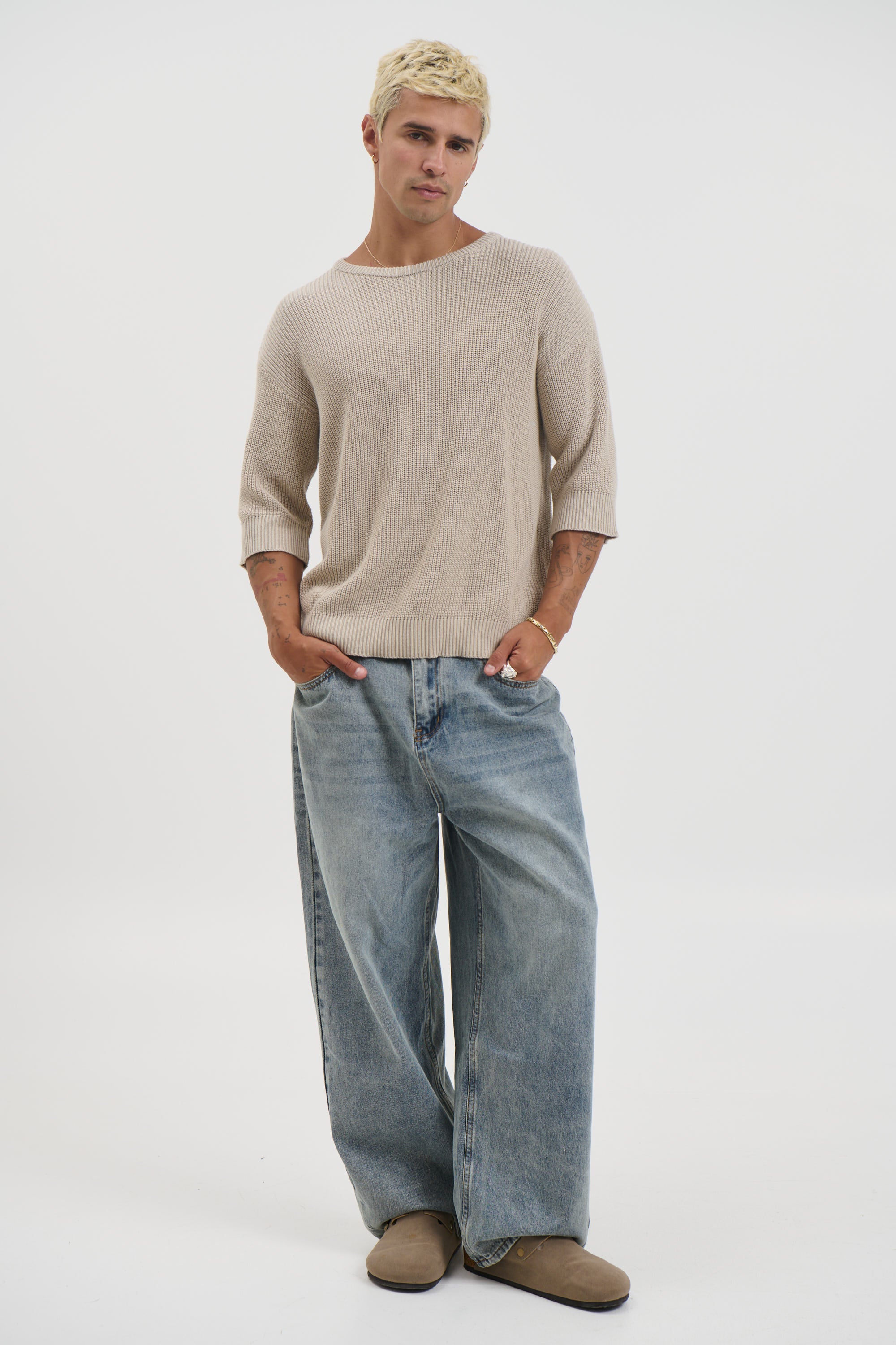 Drop Sleeve Knitted Tee Stone