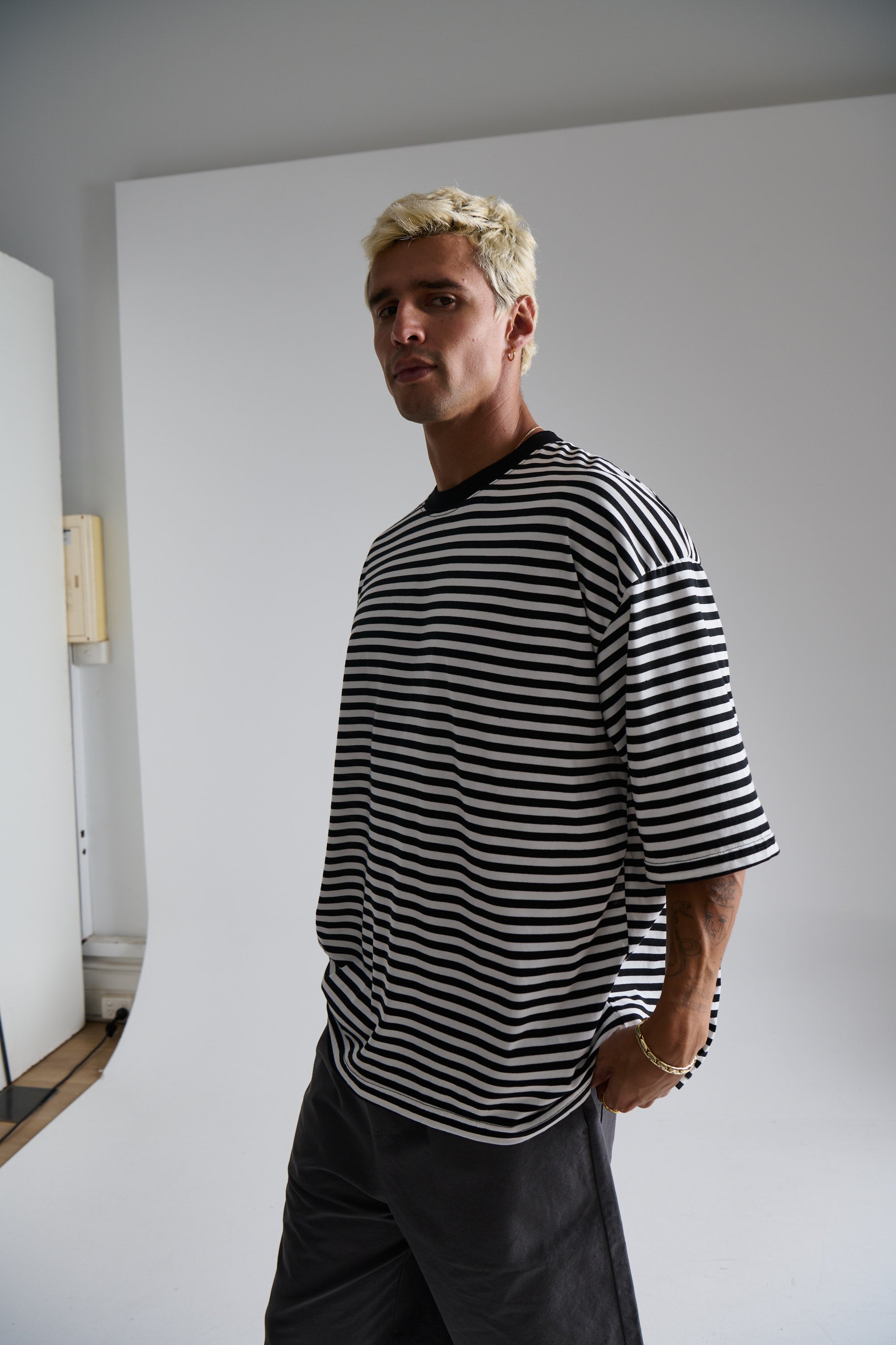 Lesley Stripe Crew Tee Black