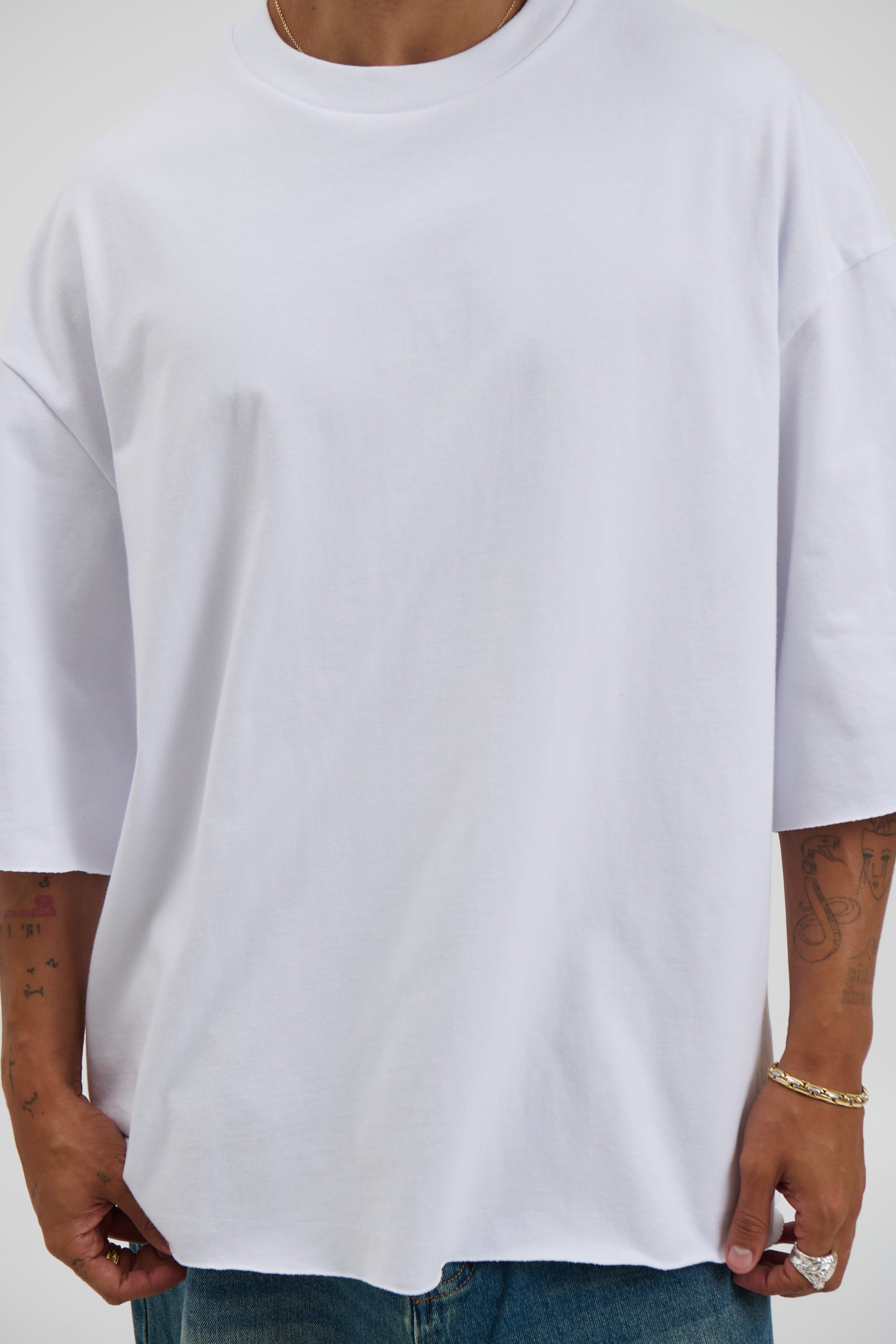 Raw Hem Crew Neck Tee White
