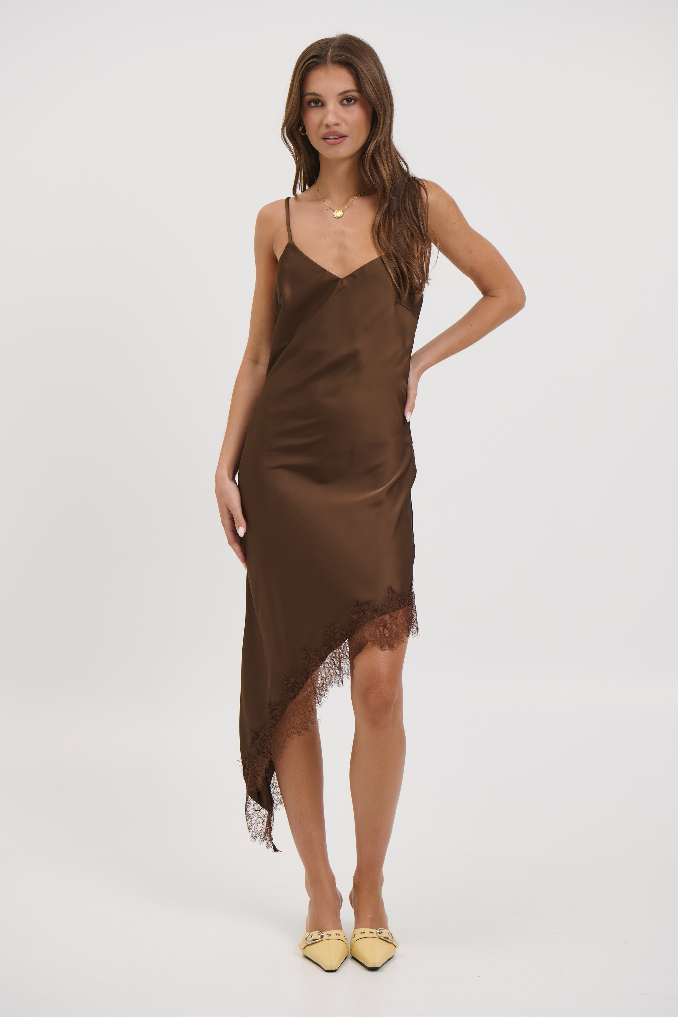 Margot Satin Lace Dress Chocolate