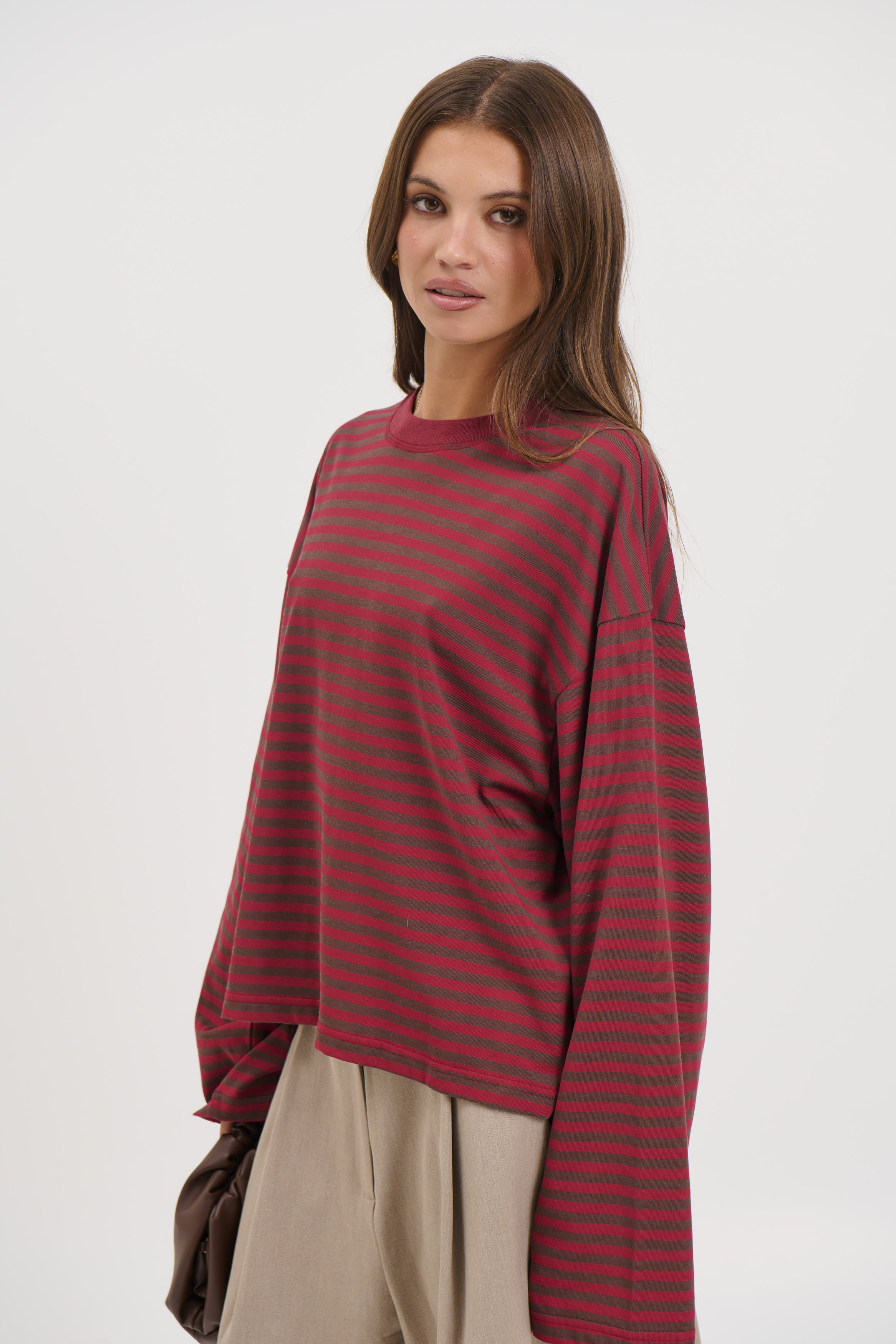 Bloom Long Sleeve Chocolate Wine Stripe