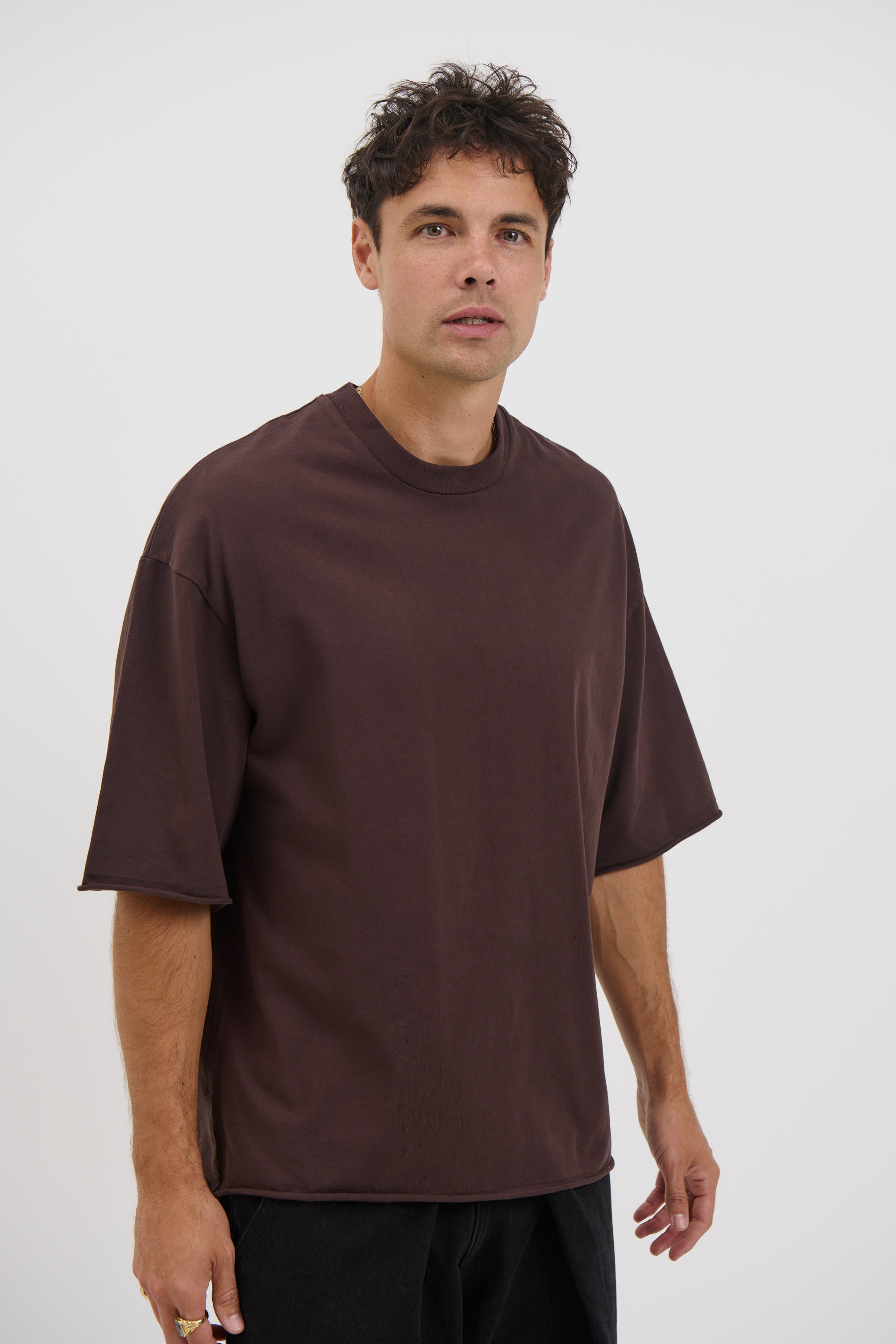 Raw Hem Crew Neck Tee Choc