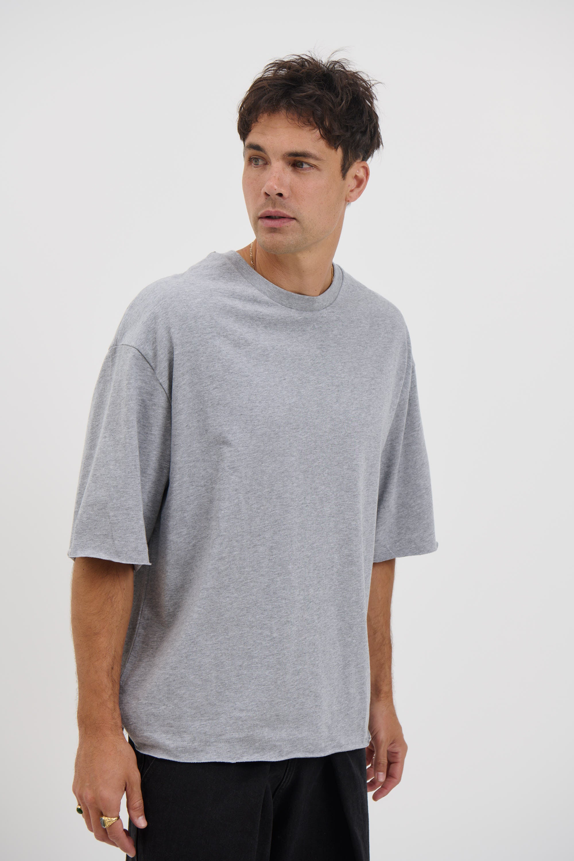 Raw Hem Crew Neck Tee Grey Marle