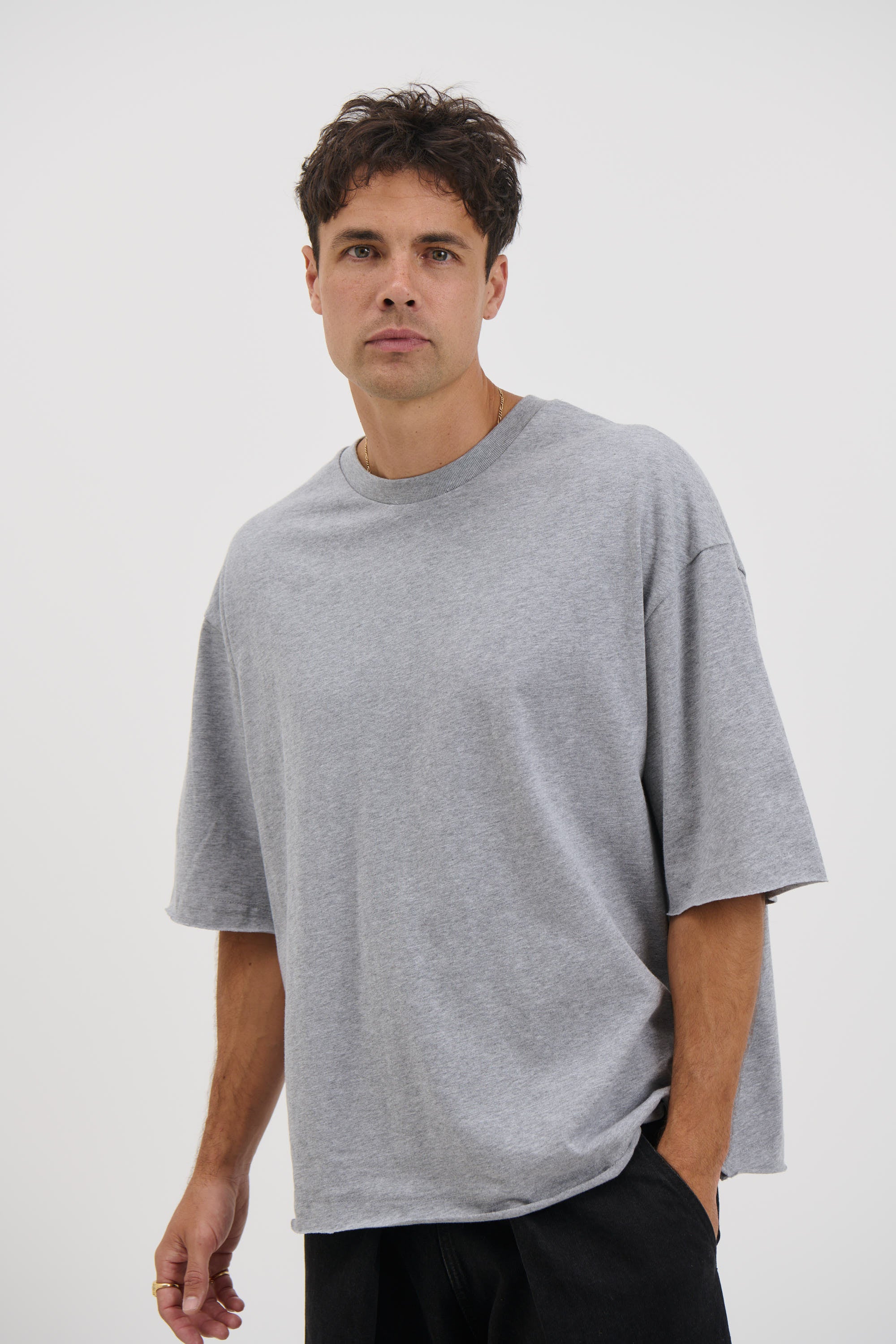 Raw Hem Crew Neck Tee Grey Marle