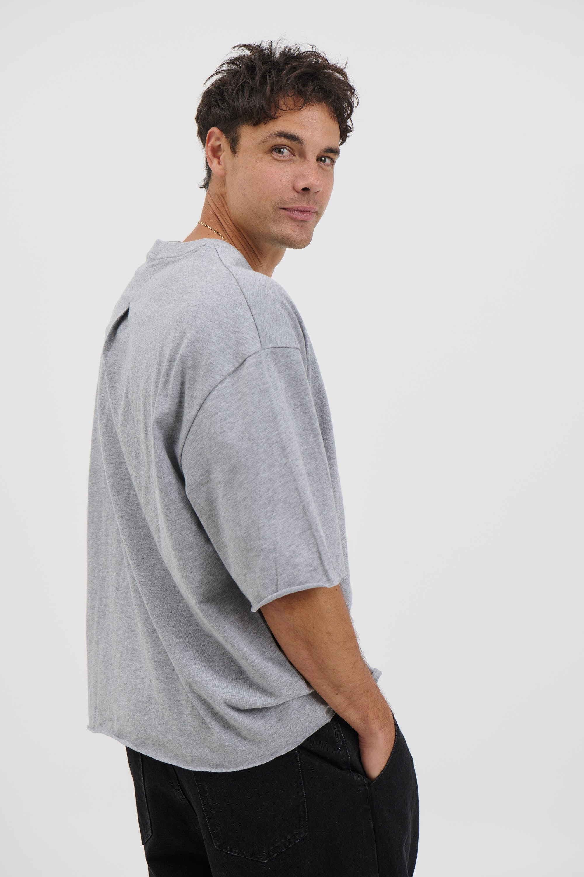 Raw Hem Crew Neck Tee Grey Marle