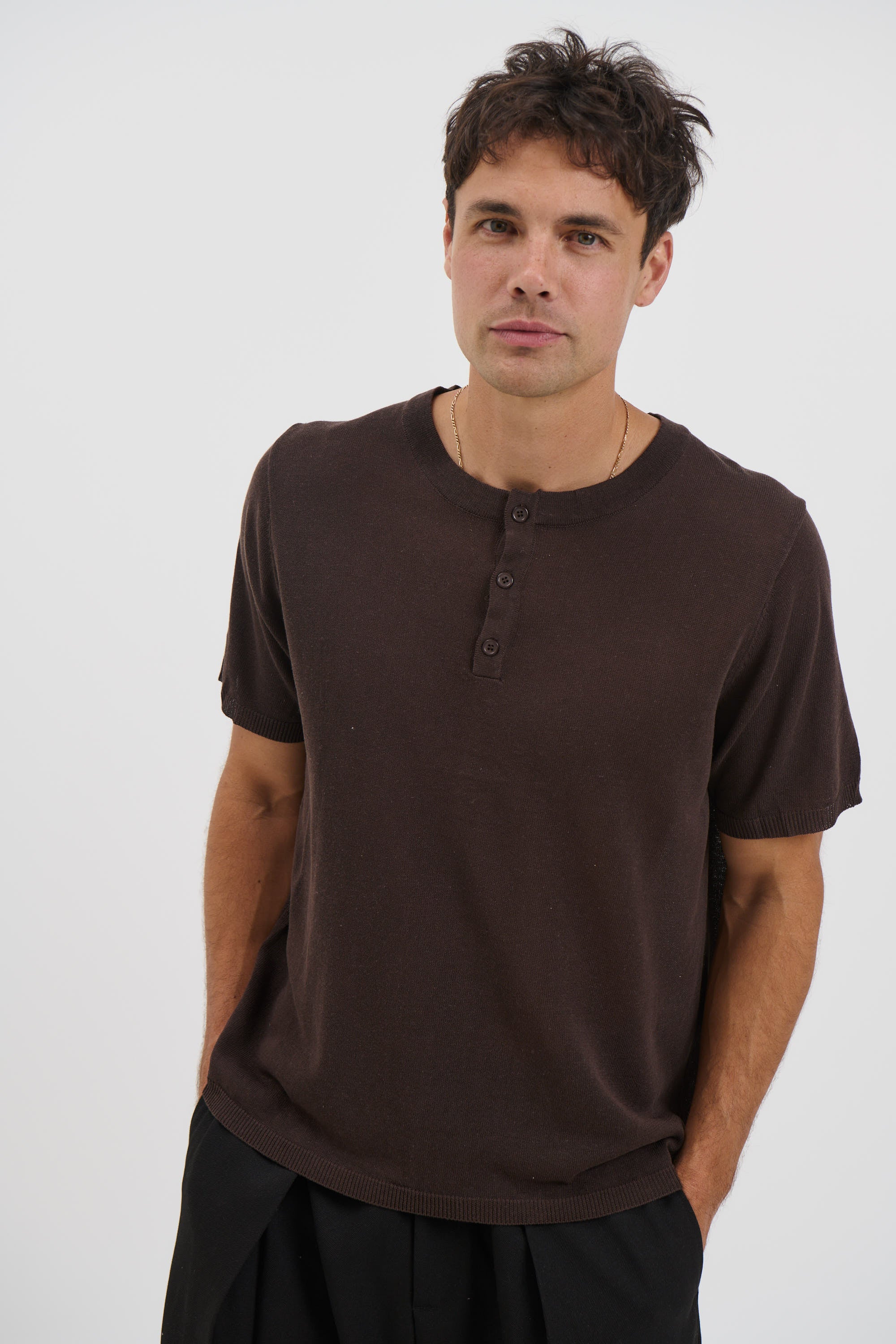 Knitted Henley Tee Chocolate