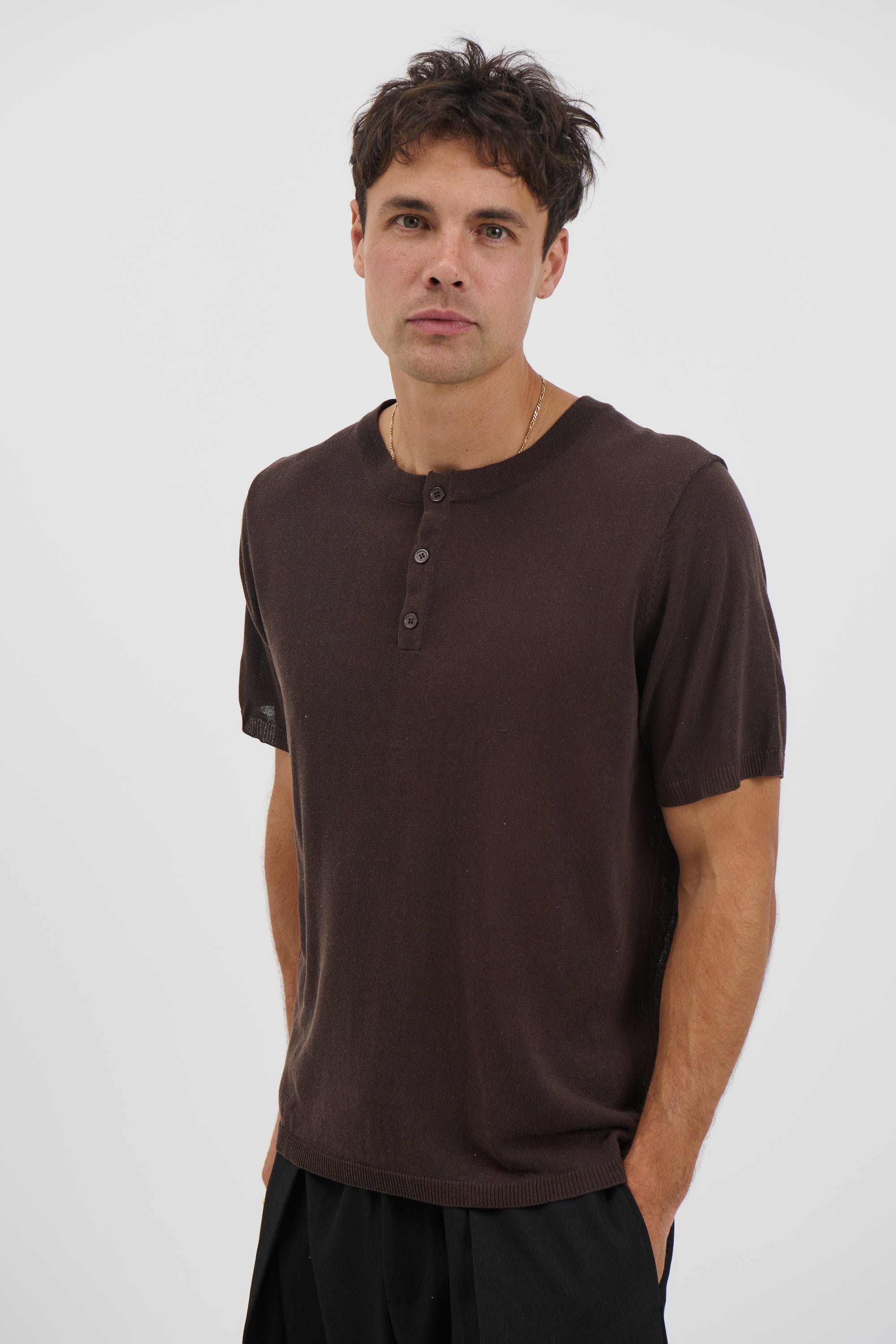 Knitted Henley Tee Chocolate
