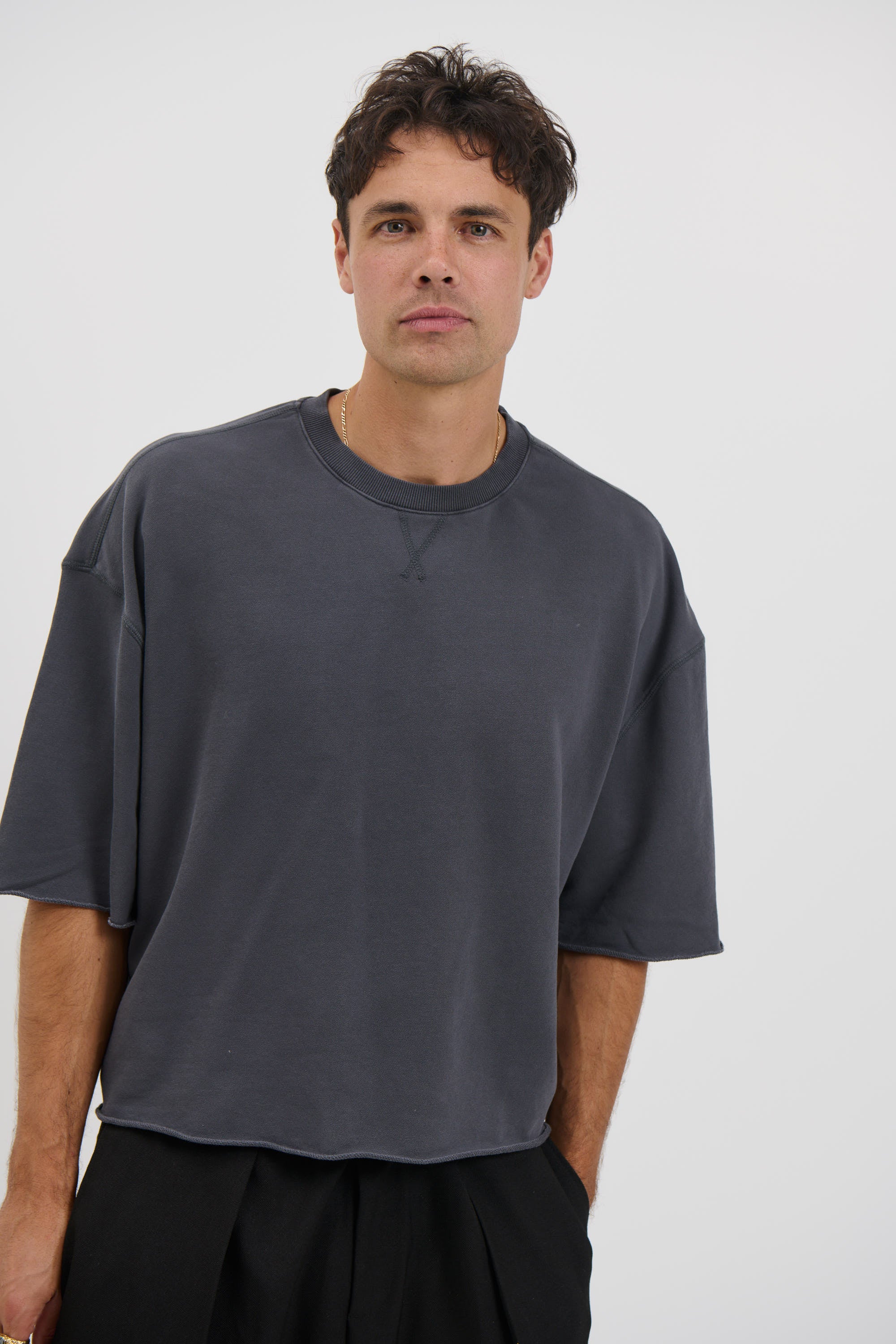 Crop Box Fleece Tee Charcoal