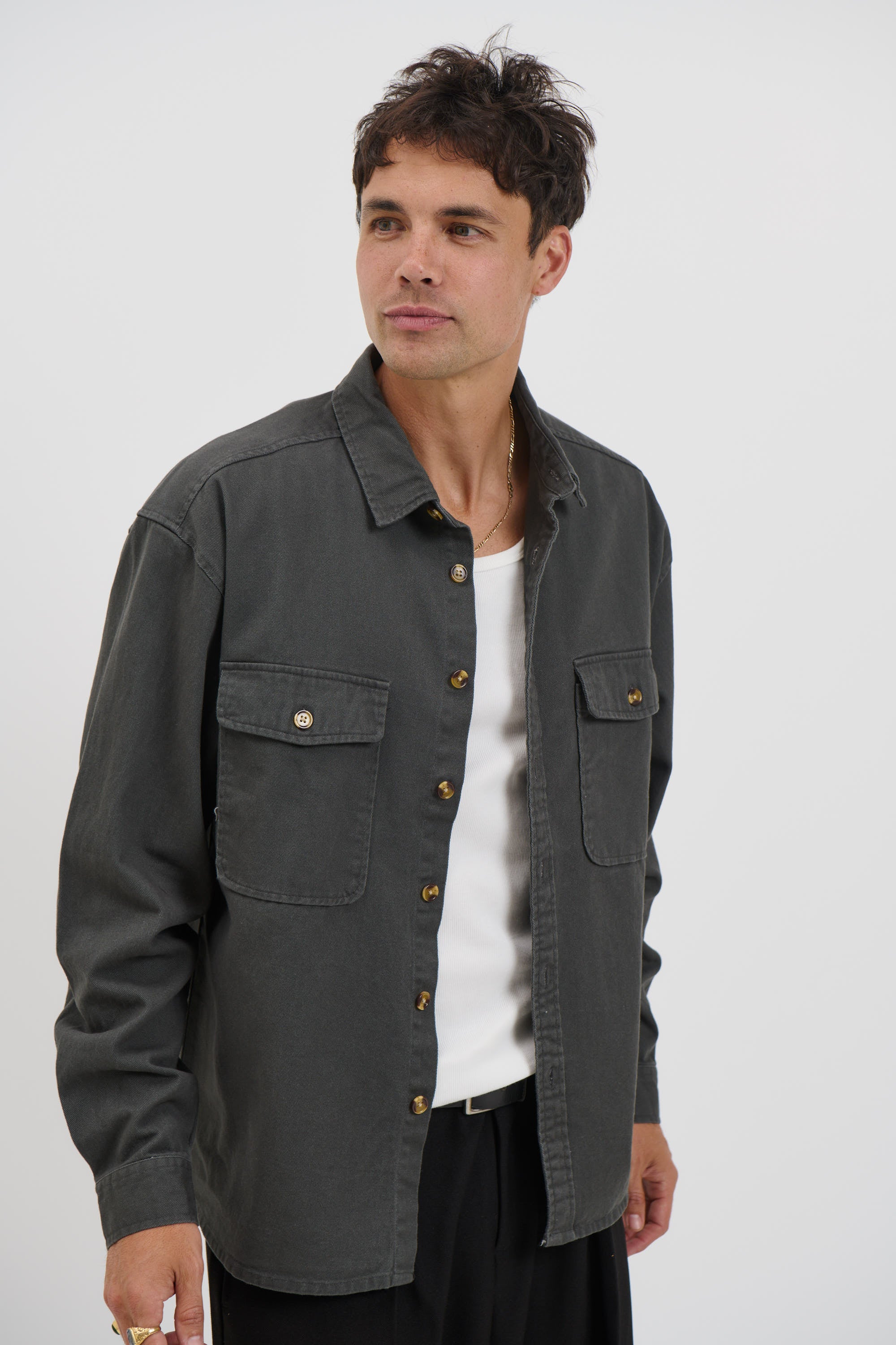 Mike Cotton Drill Shacket Charcoal