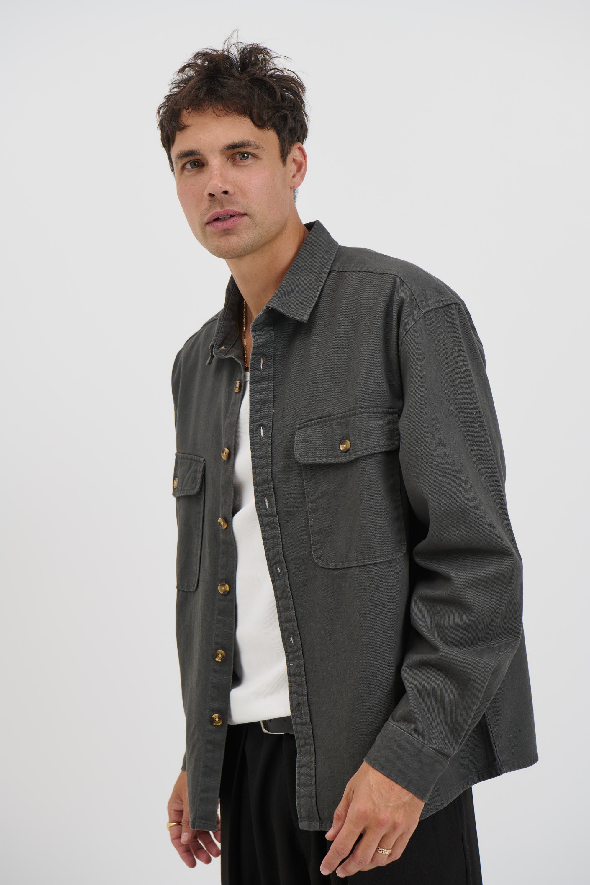 Mike Cotton Drill Shacket Charcoal