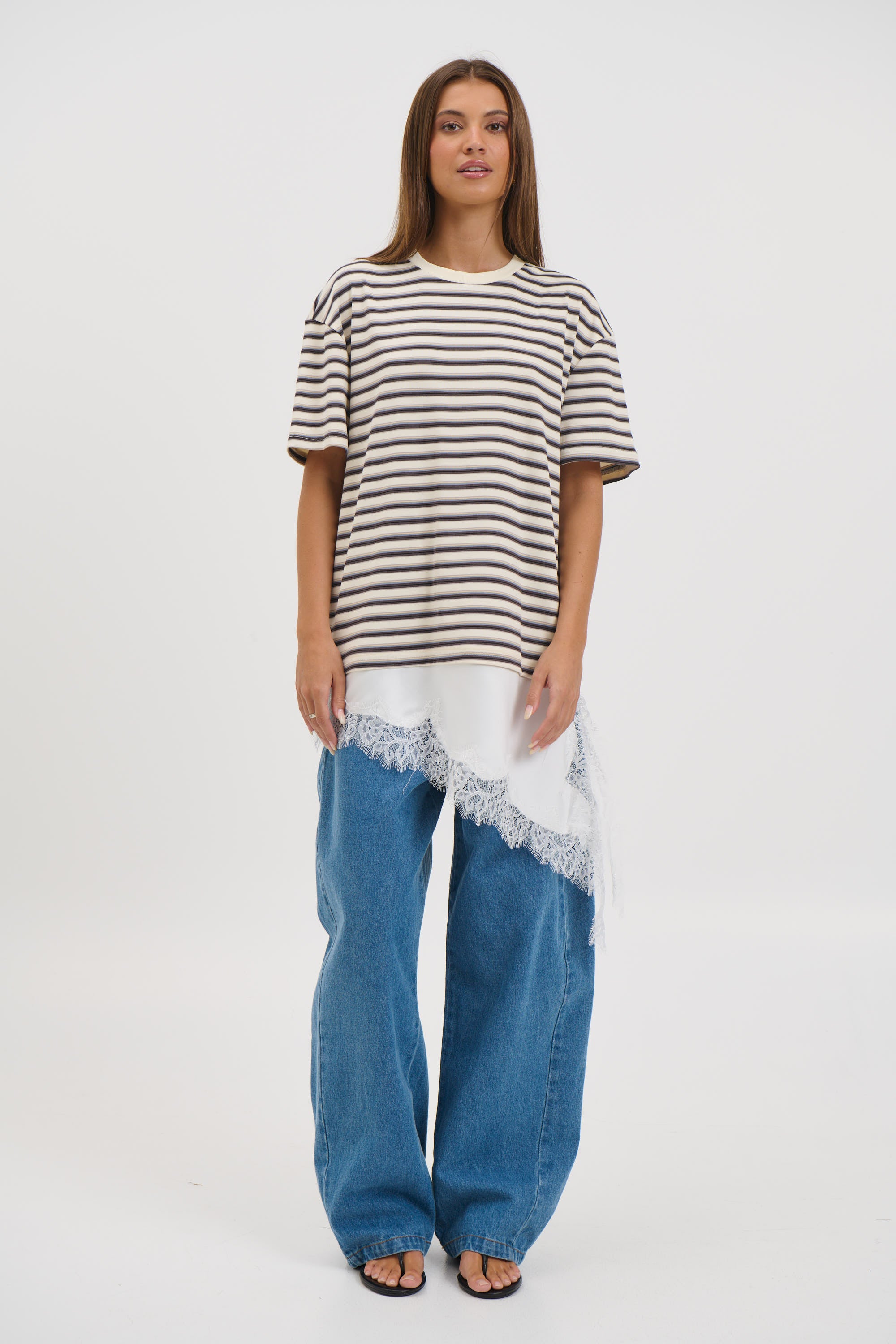 Miranda Lace Tee Cream Stripe