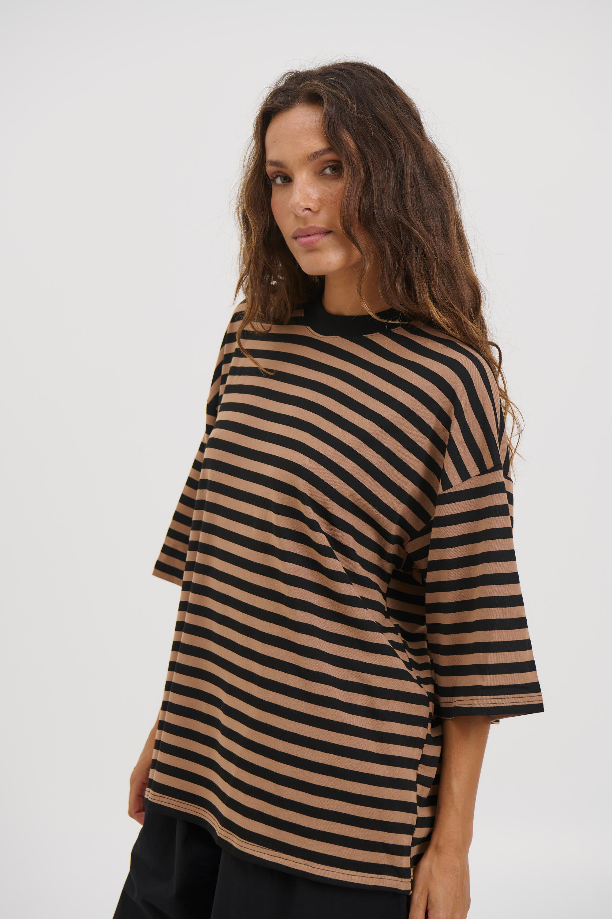 Unisex Lesley Stripe Crew Tee Mocha