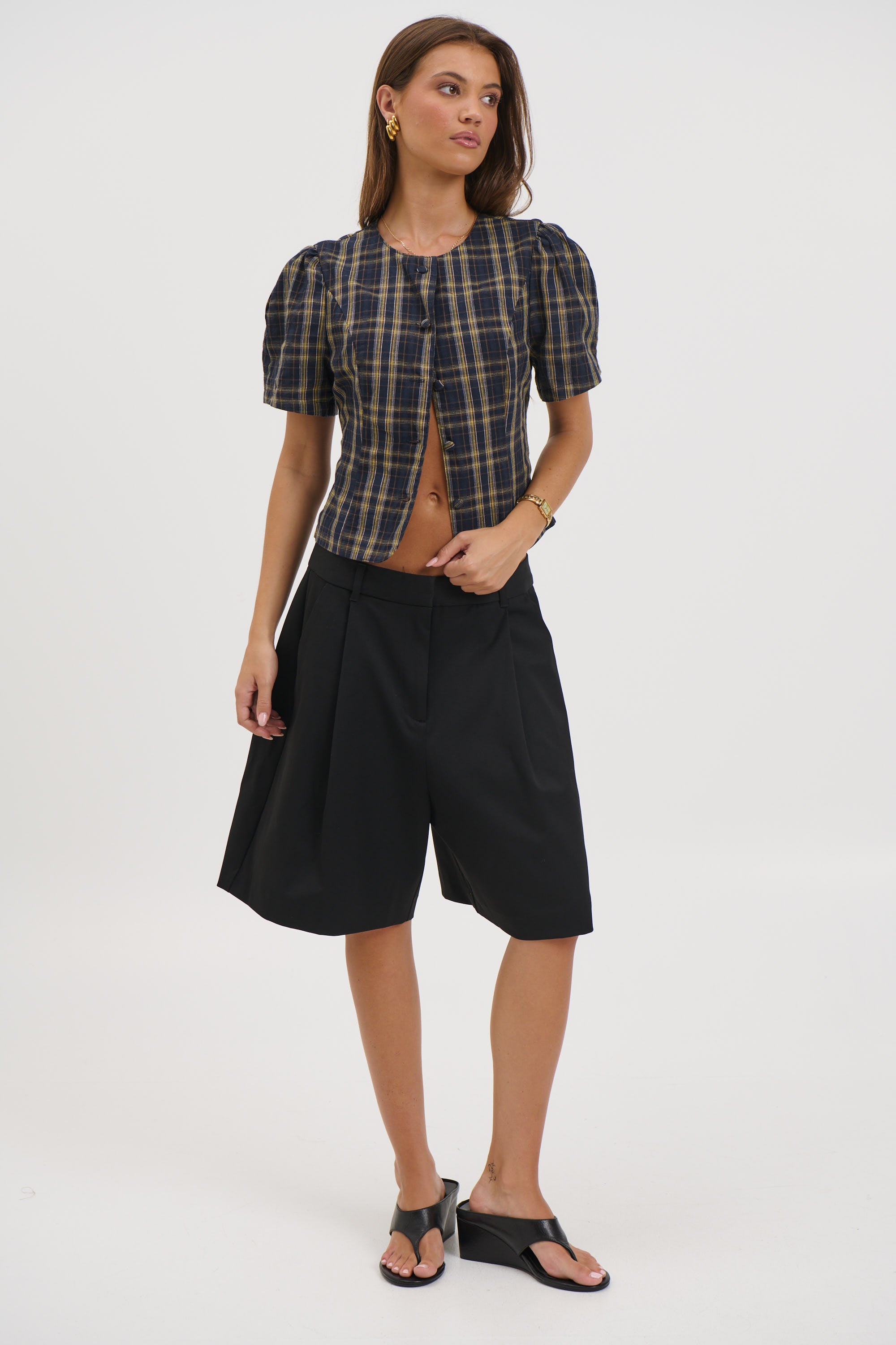 Femme Blouse Navy Lemon Plaid