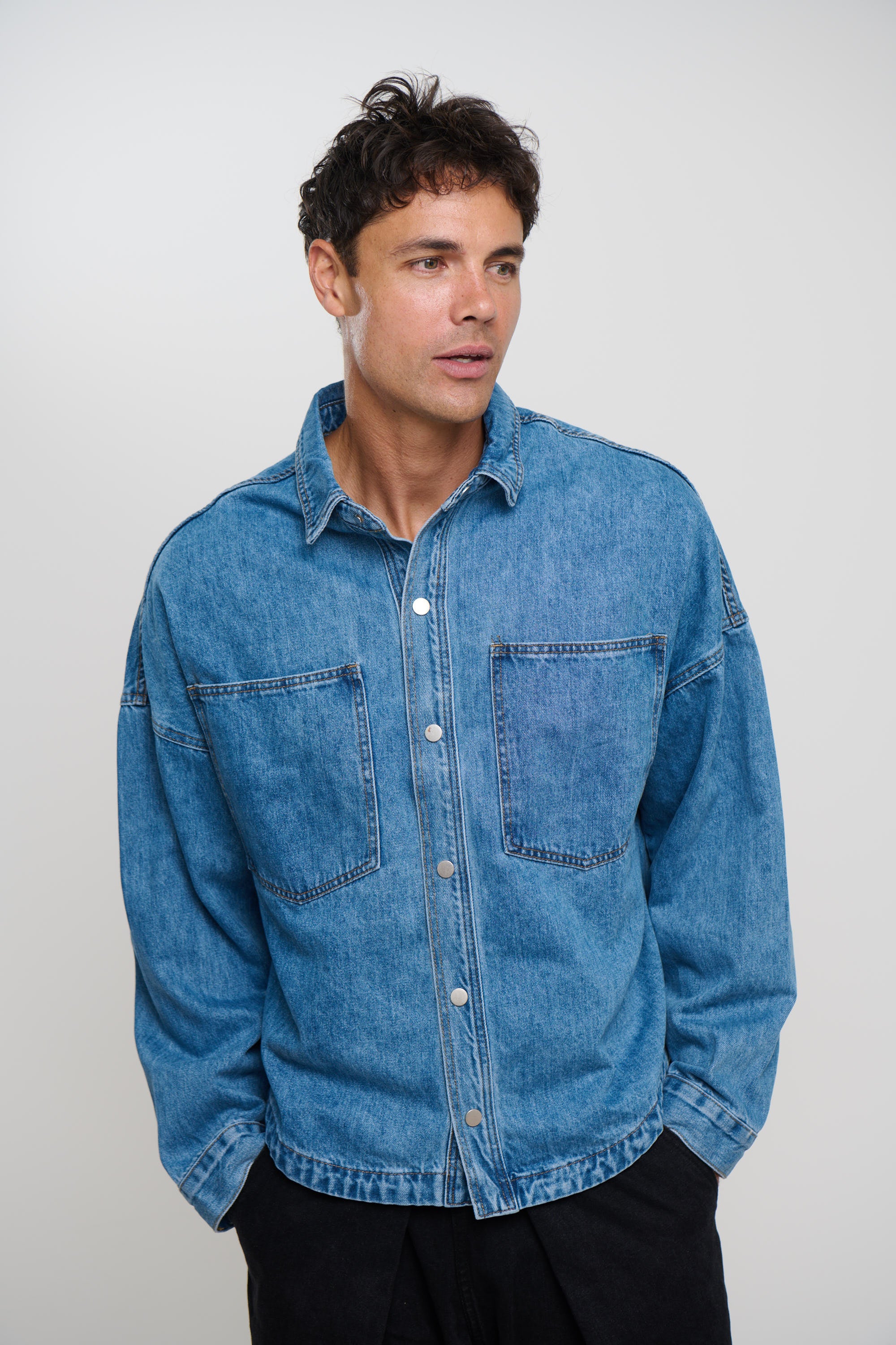 Drop Shoulder Denim Shirt Blue