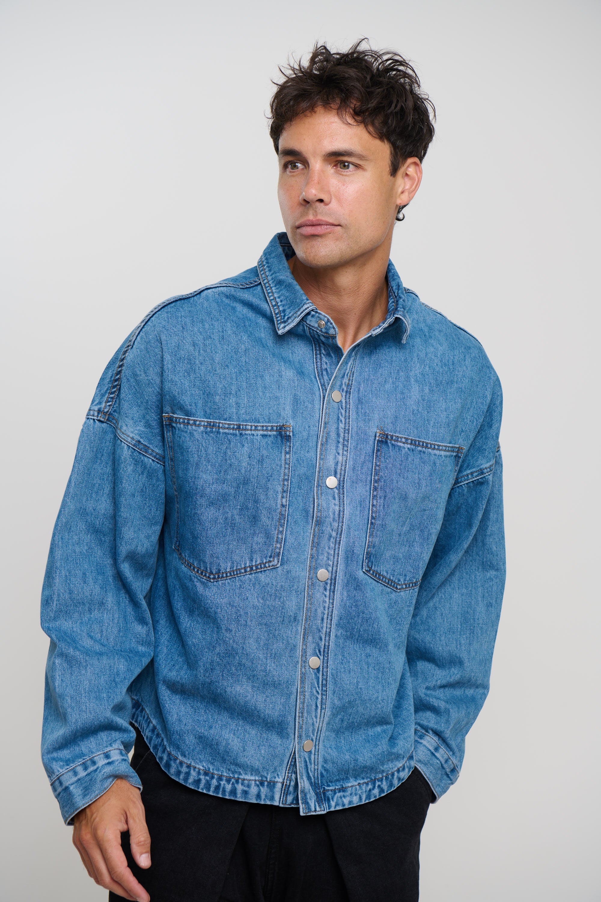 Drop Shoulder Denim Shirt Blue