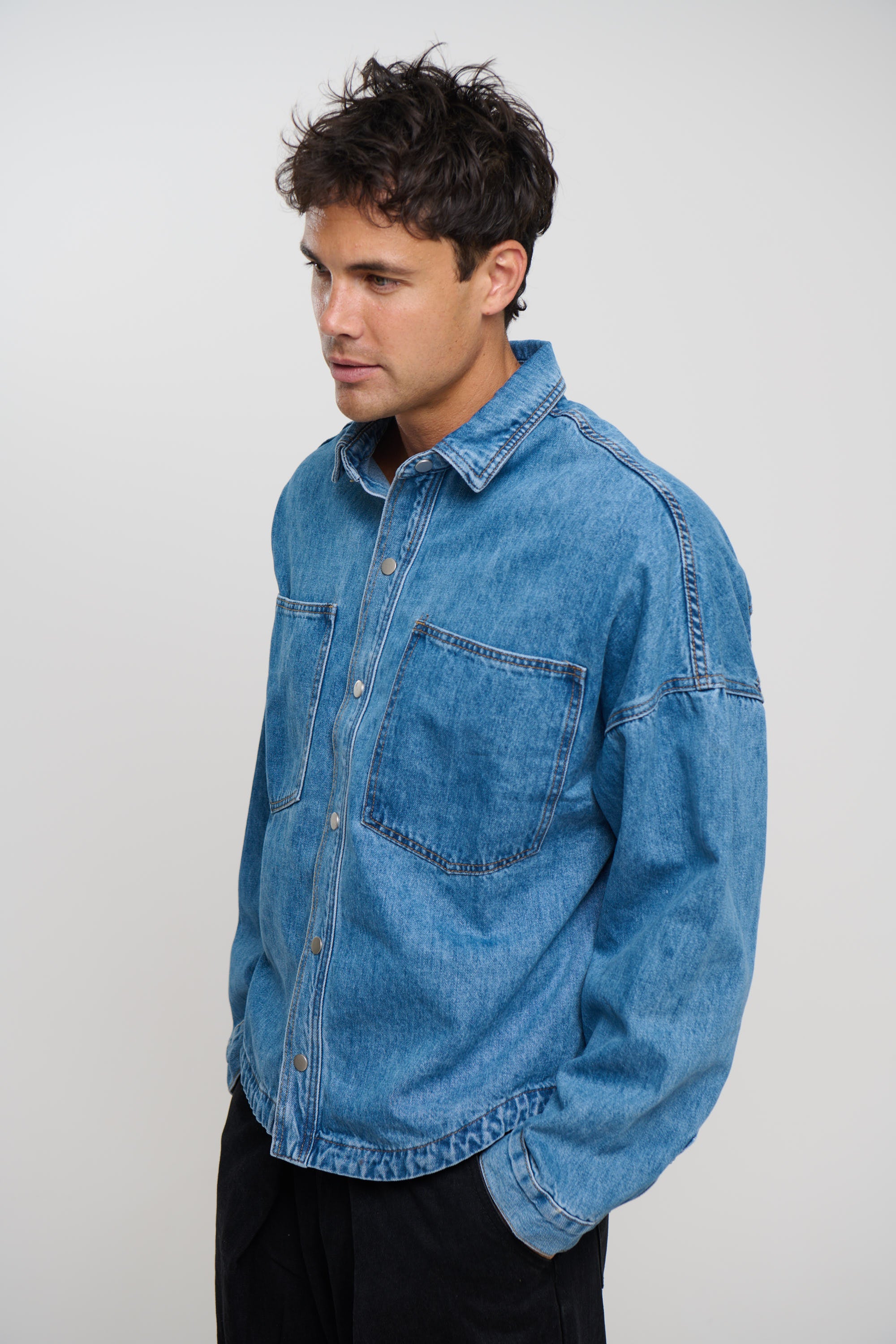 Drop Shoulder Denim Shirt Blue
