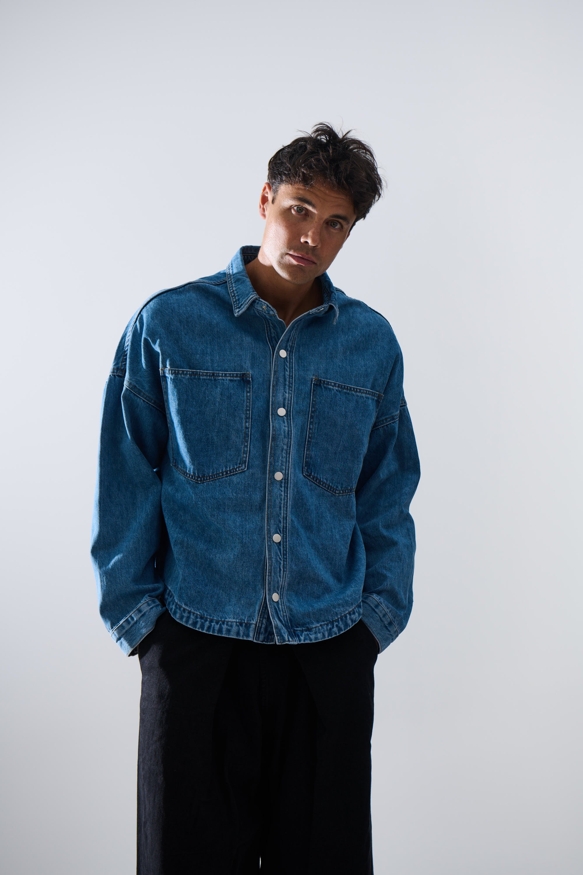 Drop Shoulder Denim Shirt Blue