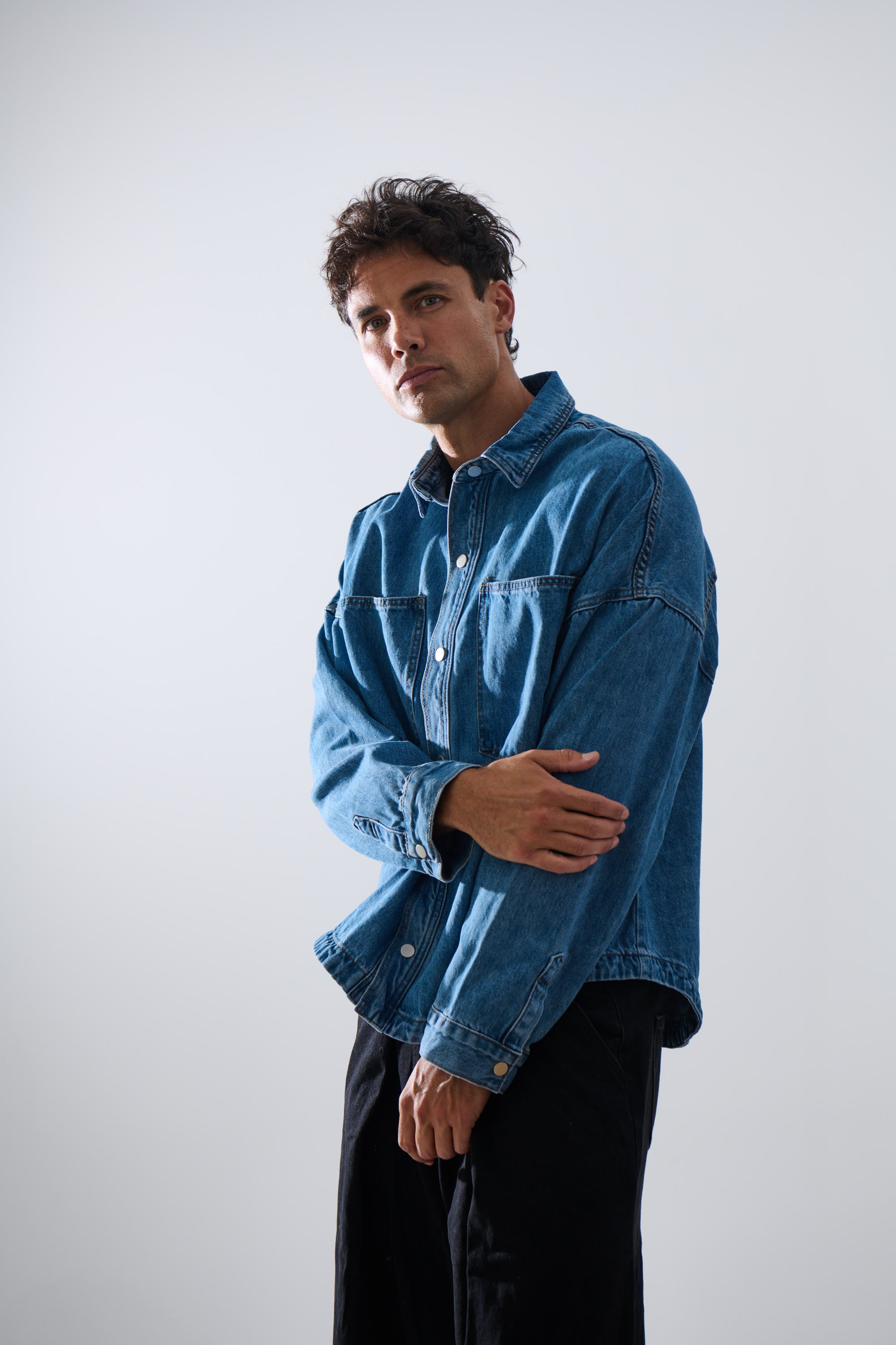 Drop Shoulder Denim Shirt Blue