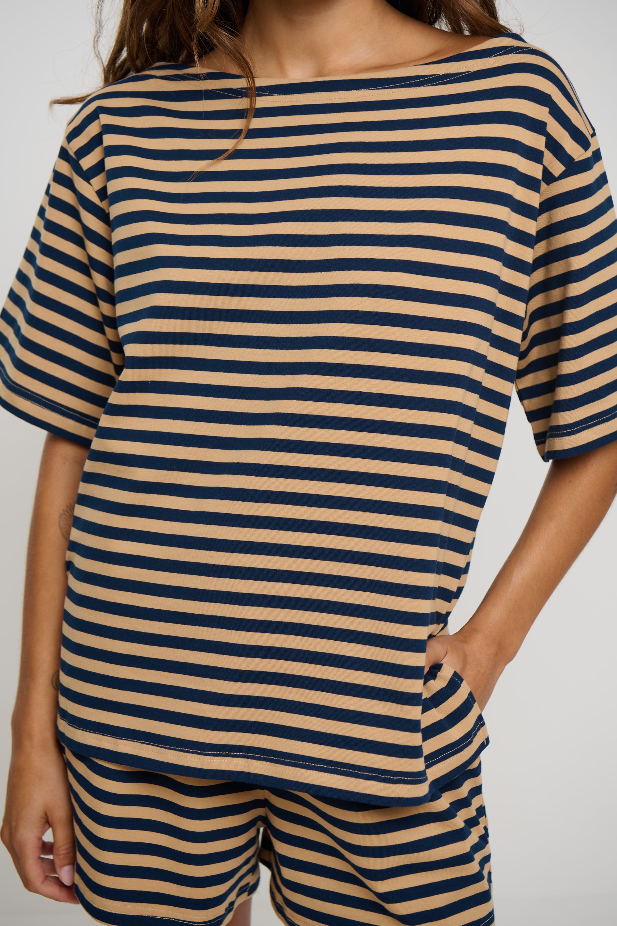 Zena Off The Shoulder Tee Sand Stripe