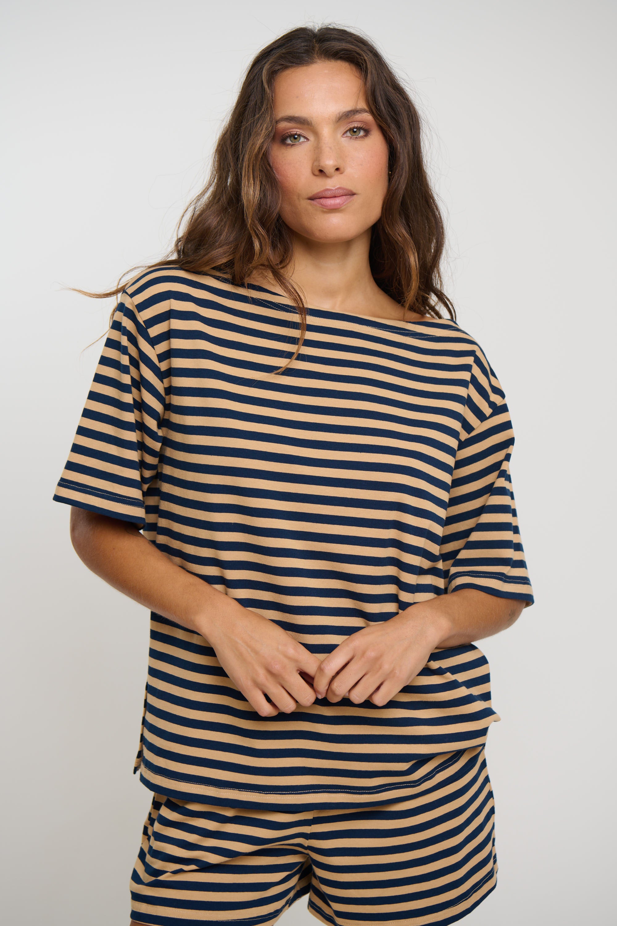 Zena Off The Shoulder Tee Sand Stripe
