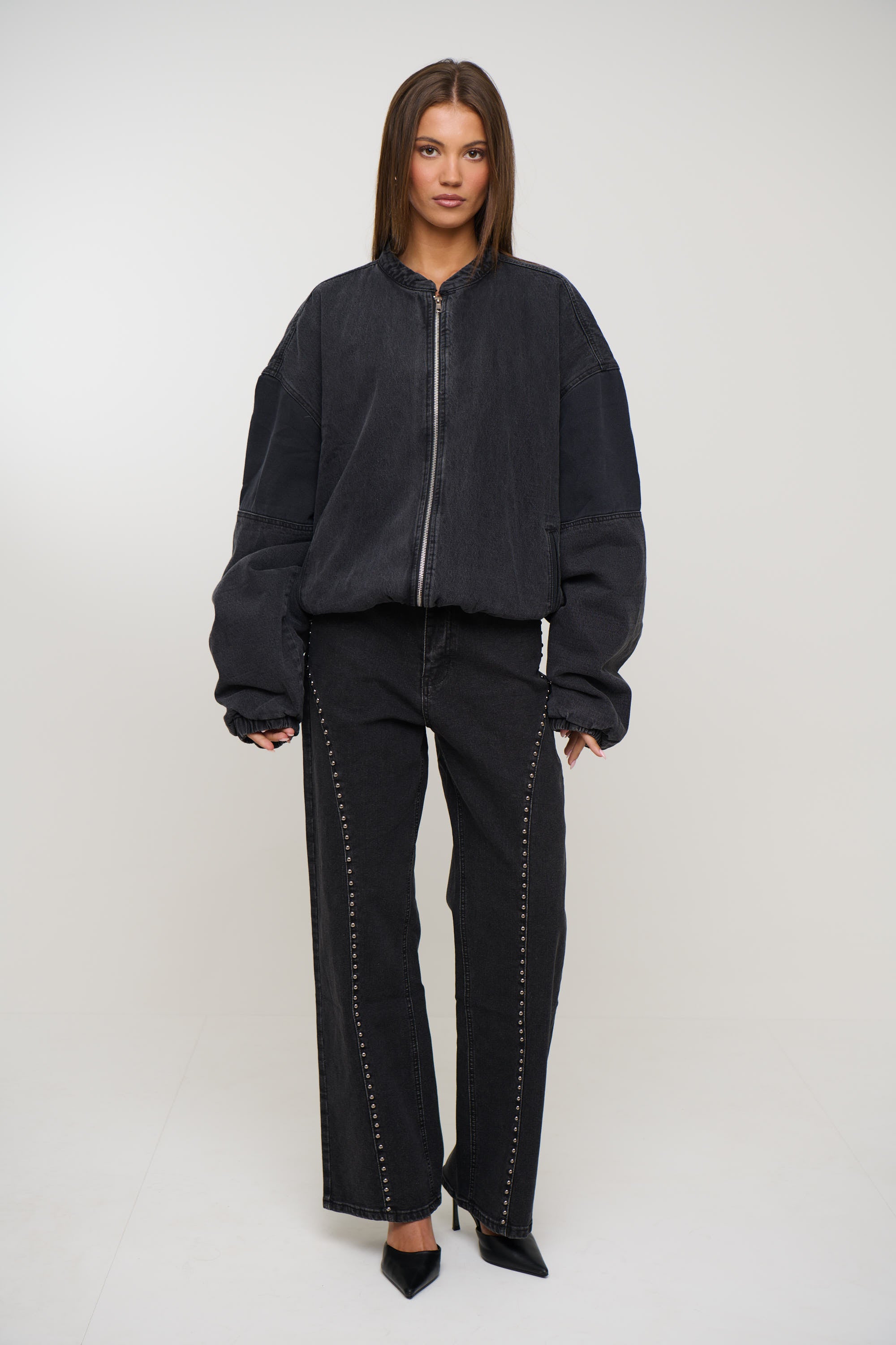 Unisex Panelled Denim Bomber Black