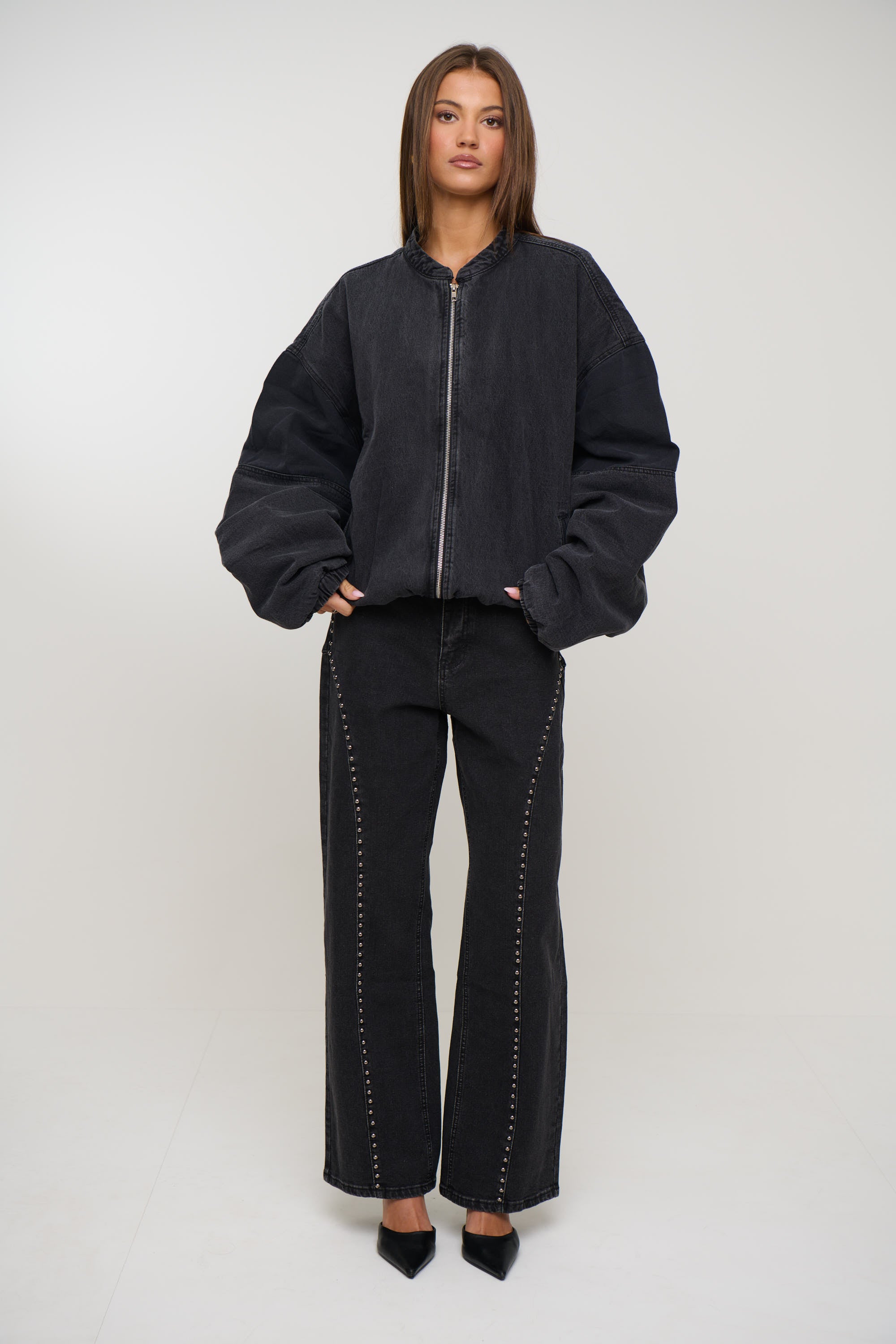 Unisex Panelled Denim Bomber Black