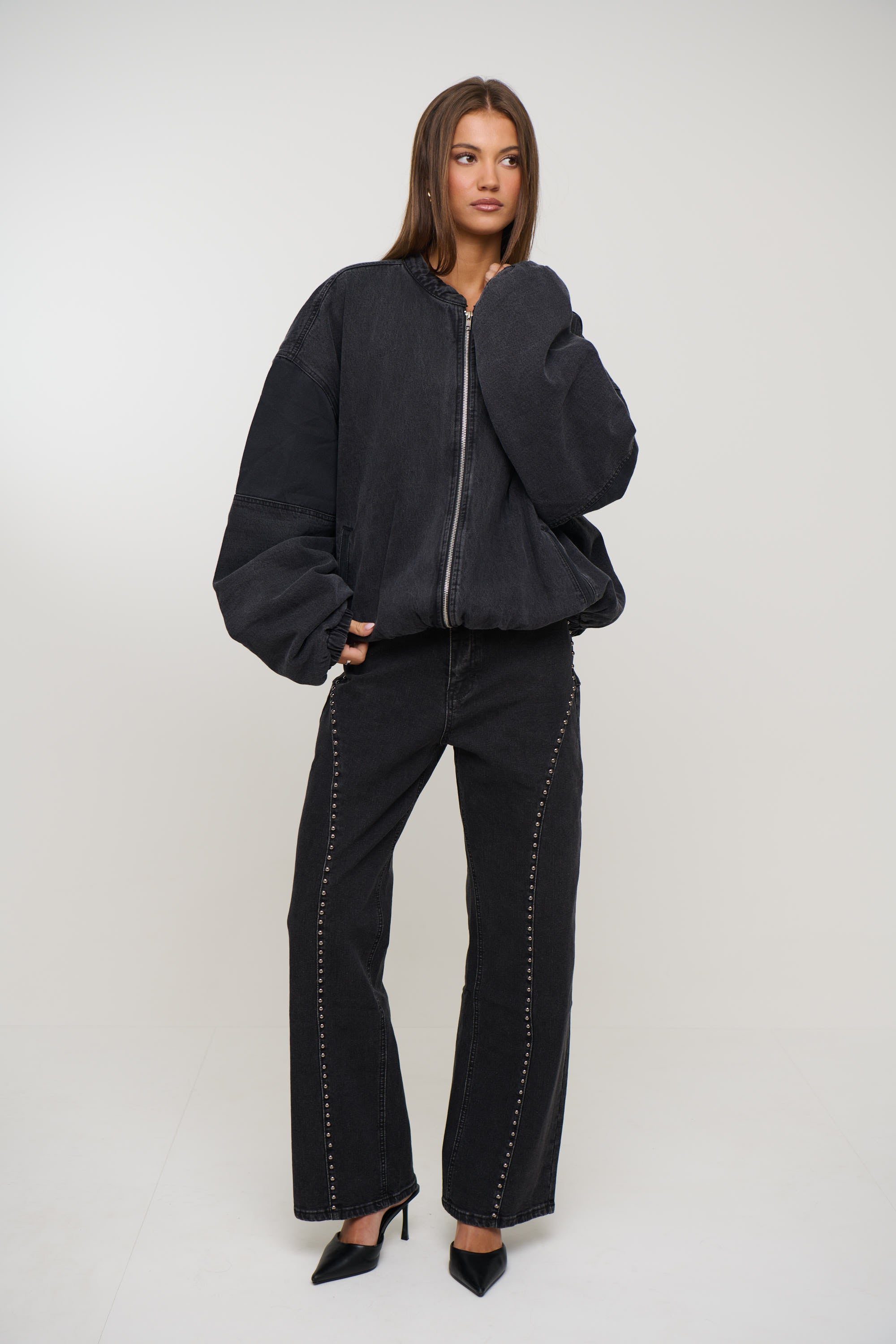 Unisex Panelled Denim Bomber Black