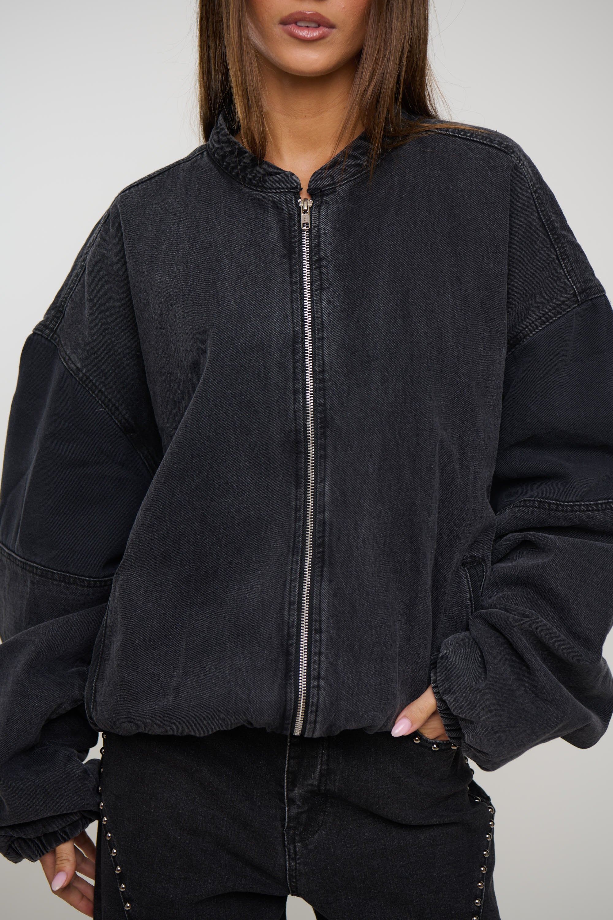 Unisex Panelled Denim Bomber Black