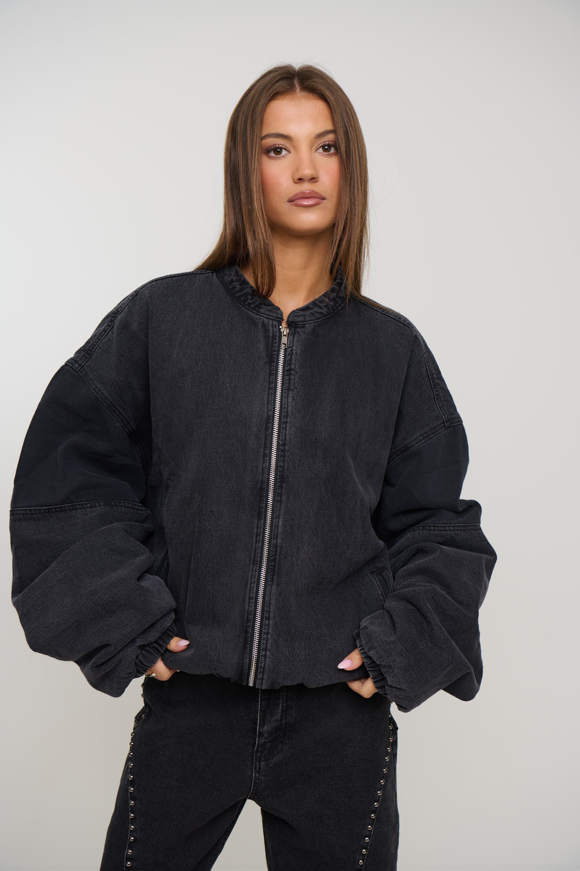 Unisex Panelled Denim Bomber Black