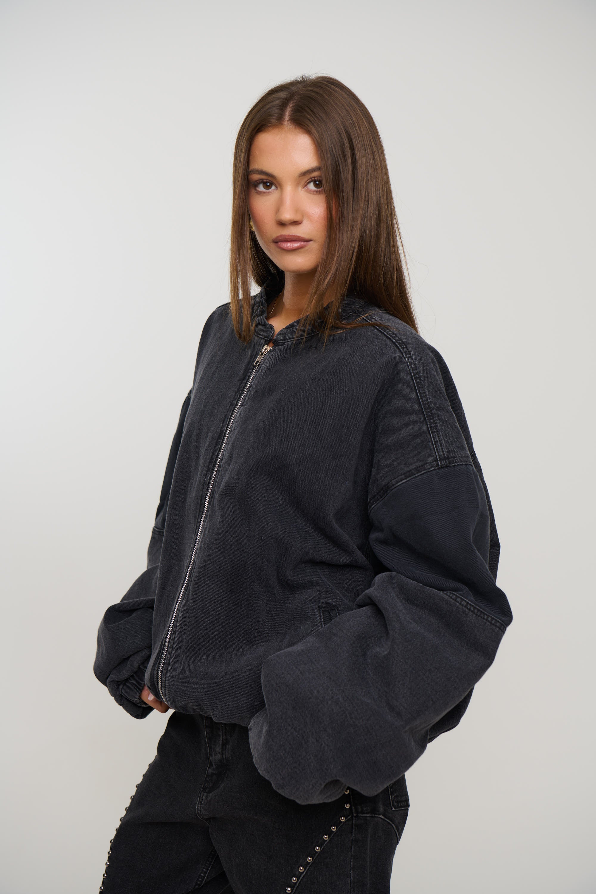 Unisex Panelled Denim Bomber Black