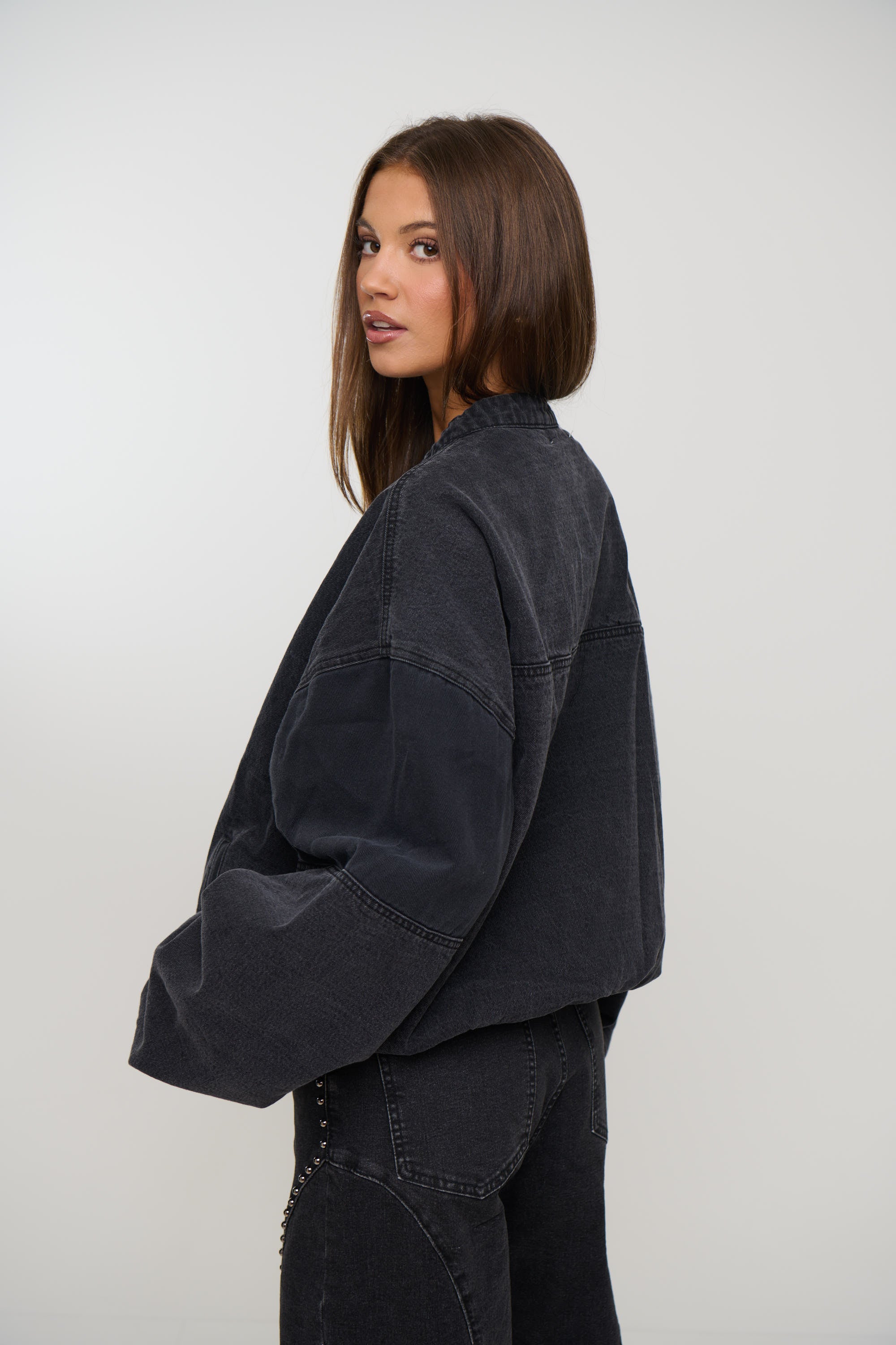 Unisex Panelled Denim Bomber Black