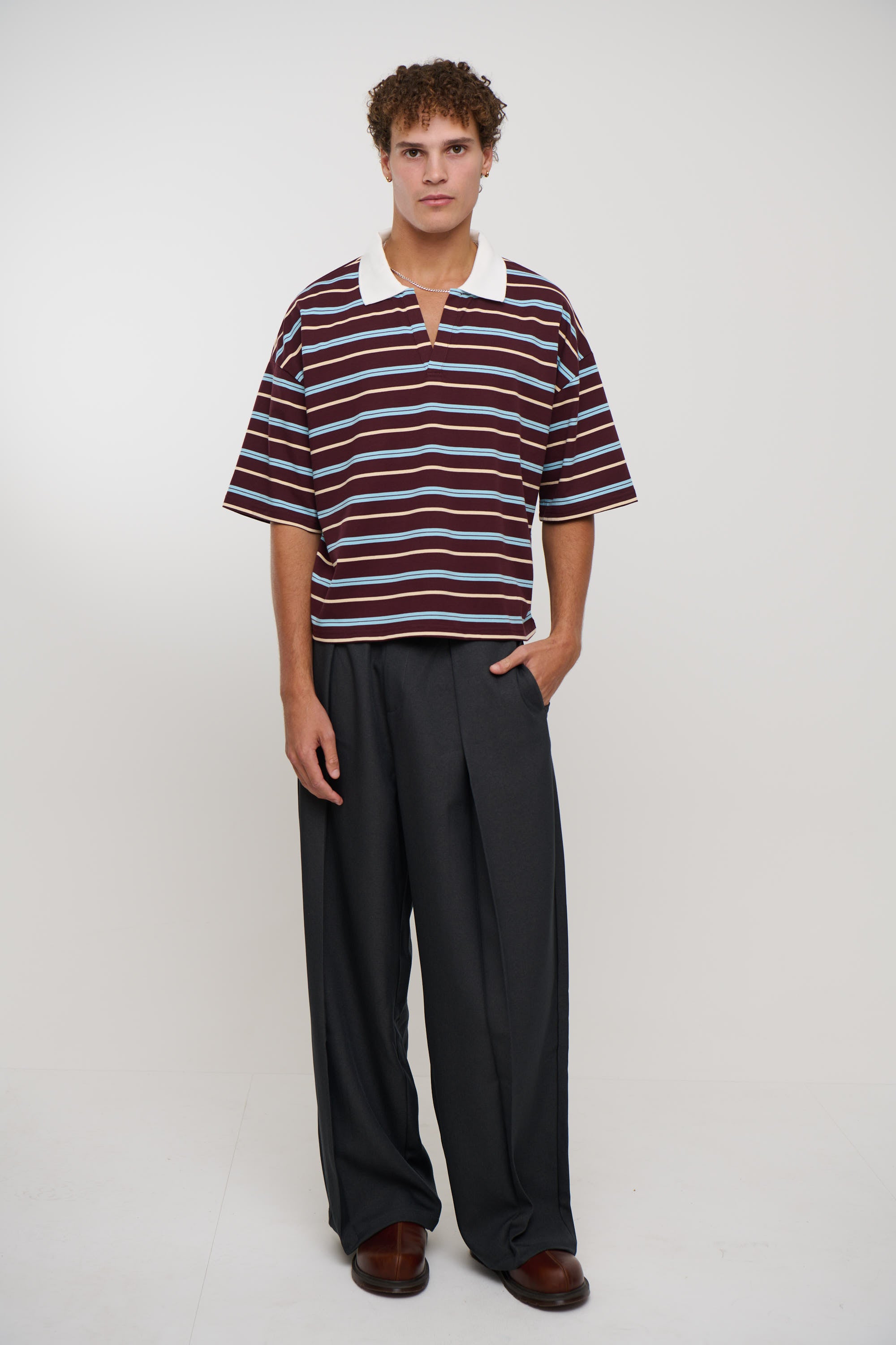 Jersey Crop Polo Wine Stripe