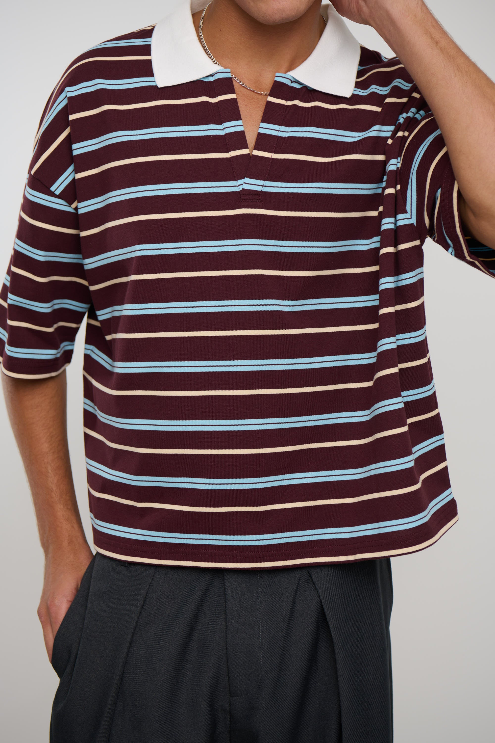 Jersey Crop Polo Wine Stripe
